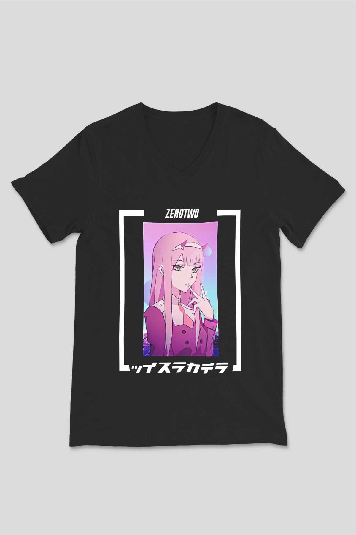 Darling İn The Franxx Baskılı Unisex Siyah V Yaka Tişört - Tshirt