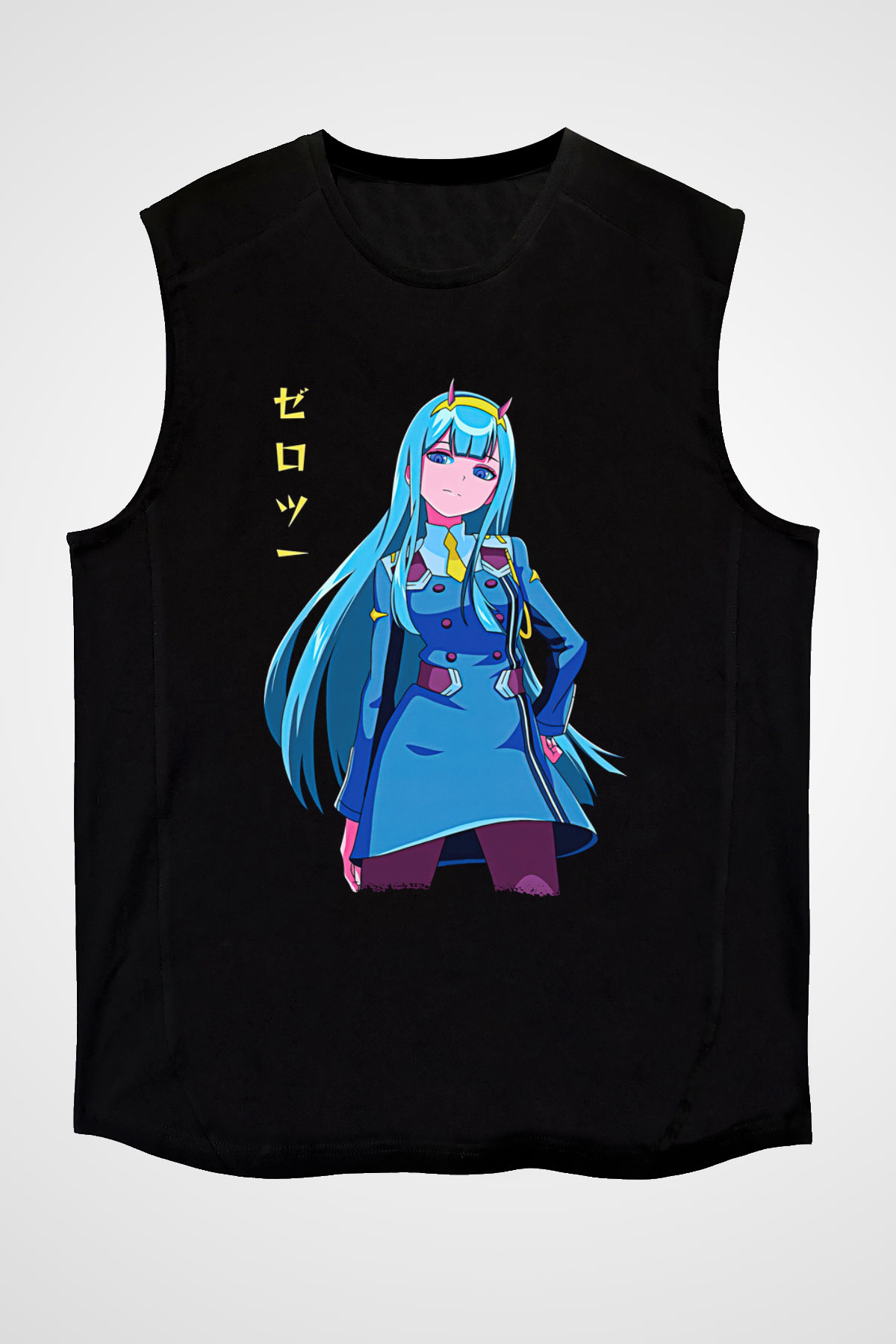 Darling İn The Franxx Baskılı Unisex Siyah Kolsuz Tişört - Tshirt