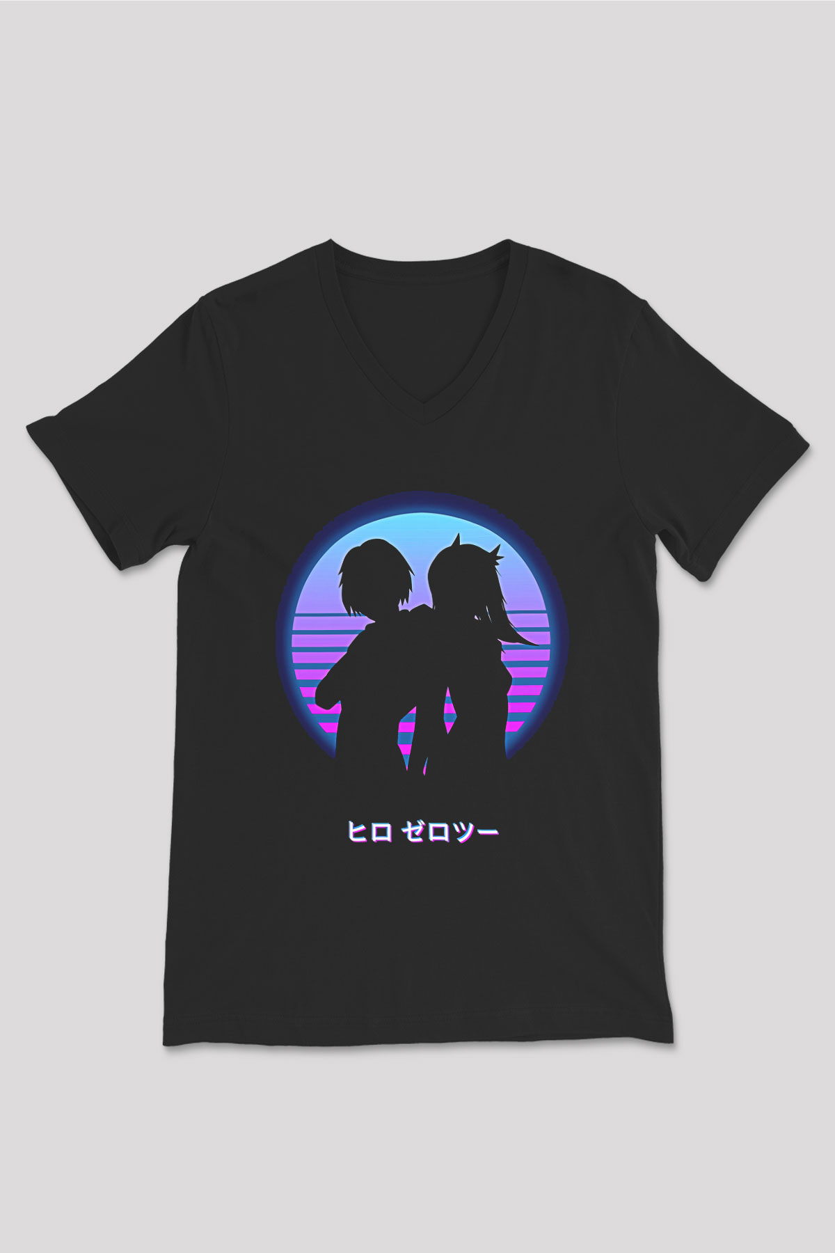 Darling İn The Franxx Baskılı Unisex Siyah V Yaka Tişört - Tshirt