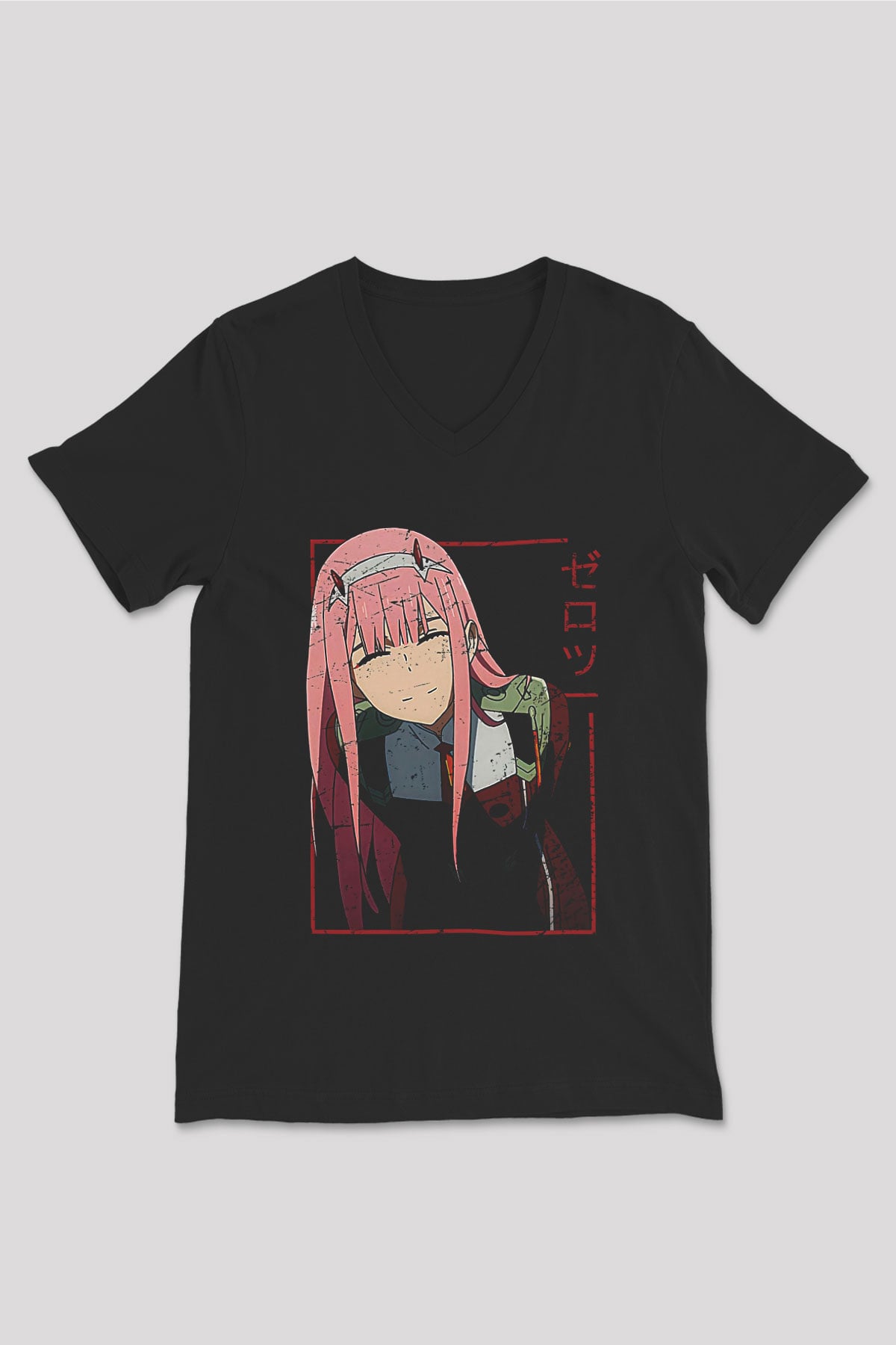 Darling İn The Franxx Baskılı Unisex Siyah V Yaka Tişört - Tshirt