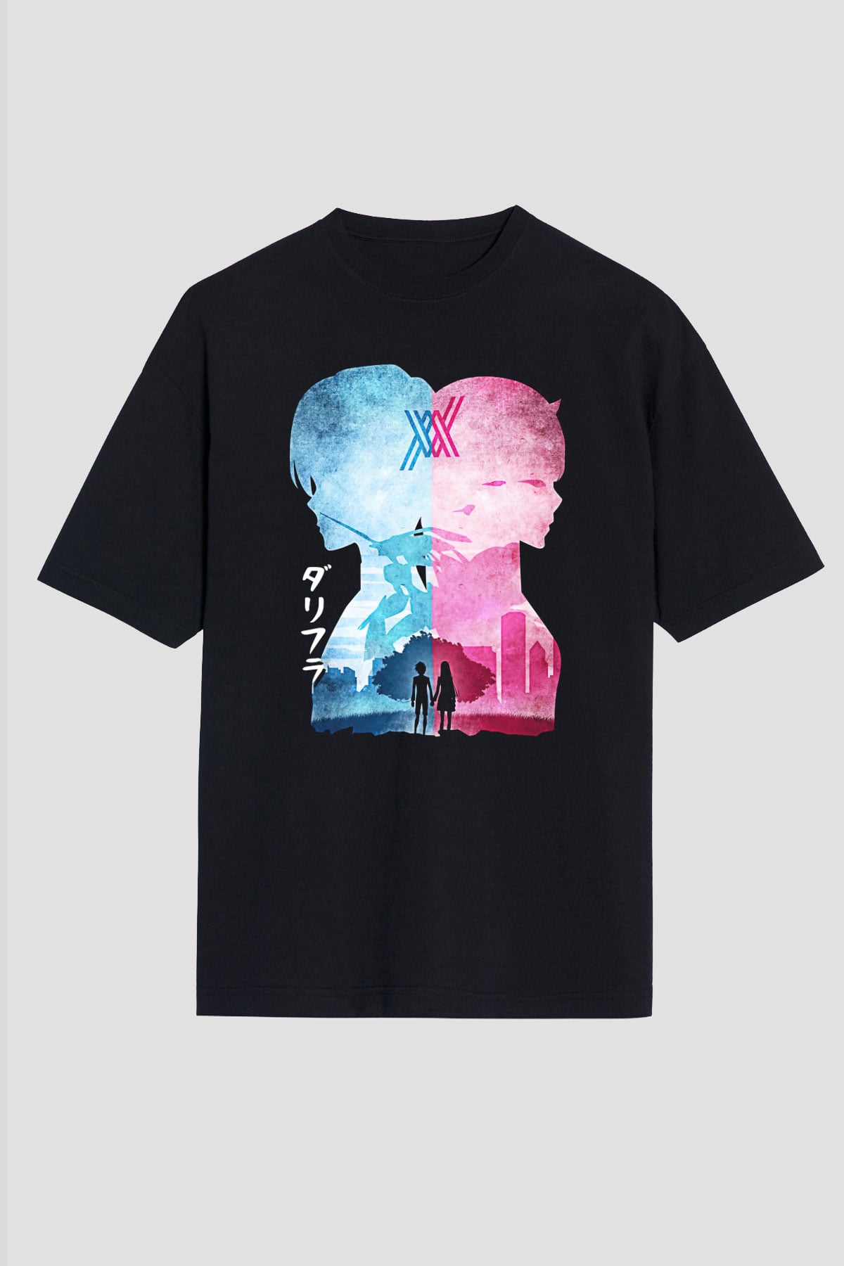 Darling İn The Franxx Baskılı Unisex Siyah Oversize Tişört - Tshirt