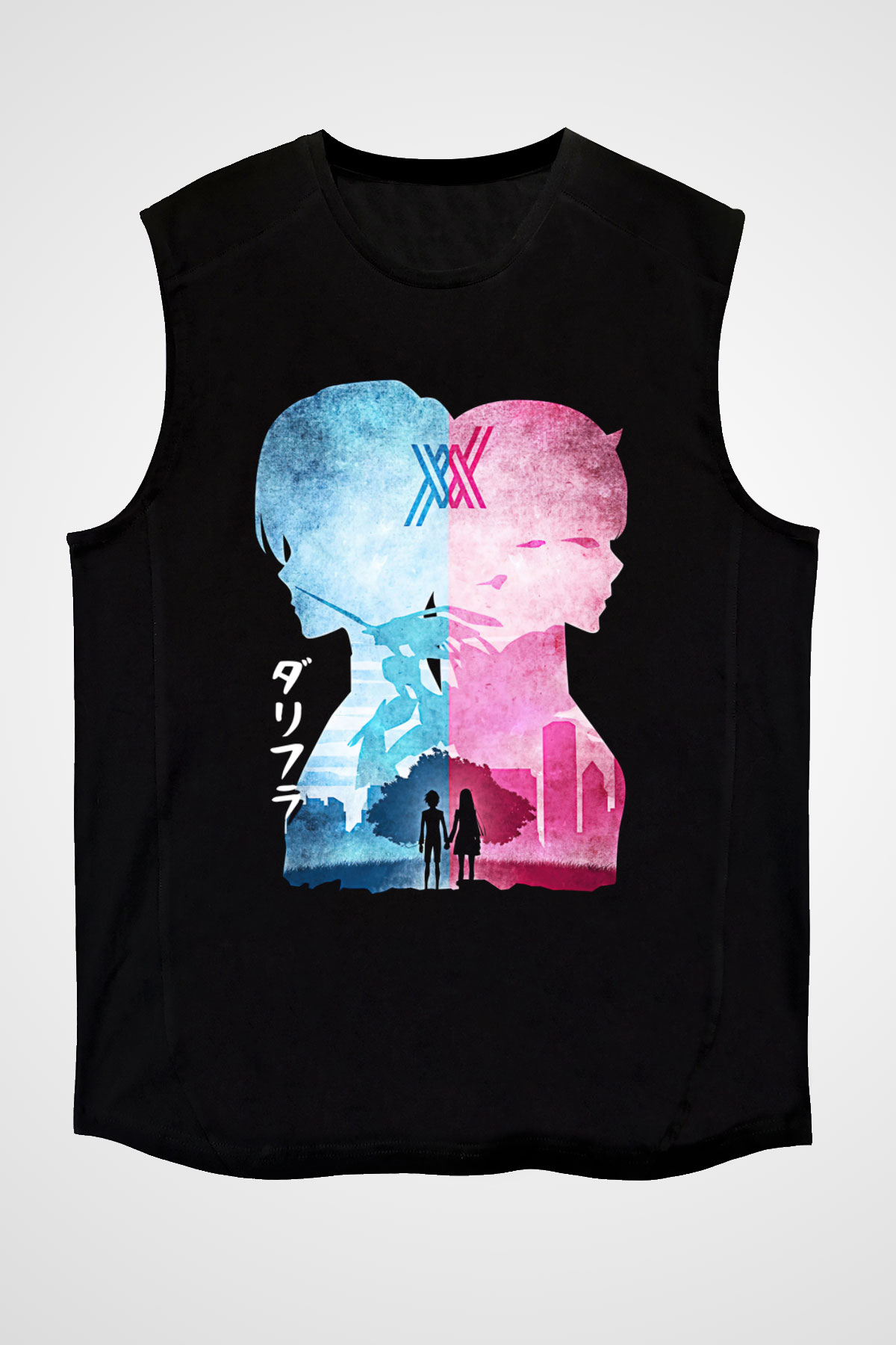 Darling İn The Franxx Baskılı Unisex Siyah Kolsuz Tişört - Tshirt