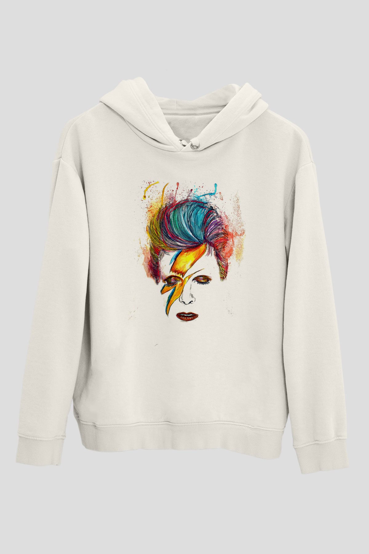 David Bowie Baskılı Beyaz Unisex Kapüşonlu Sweatshirt