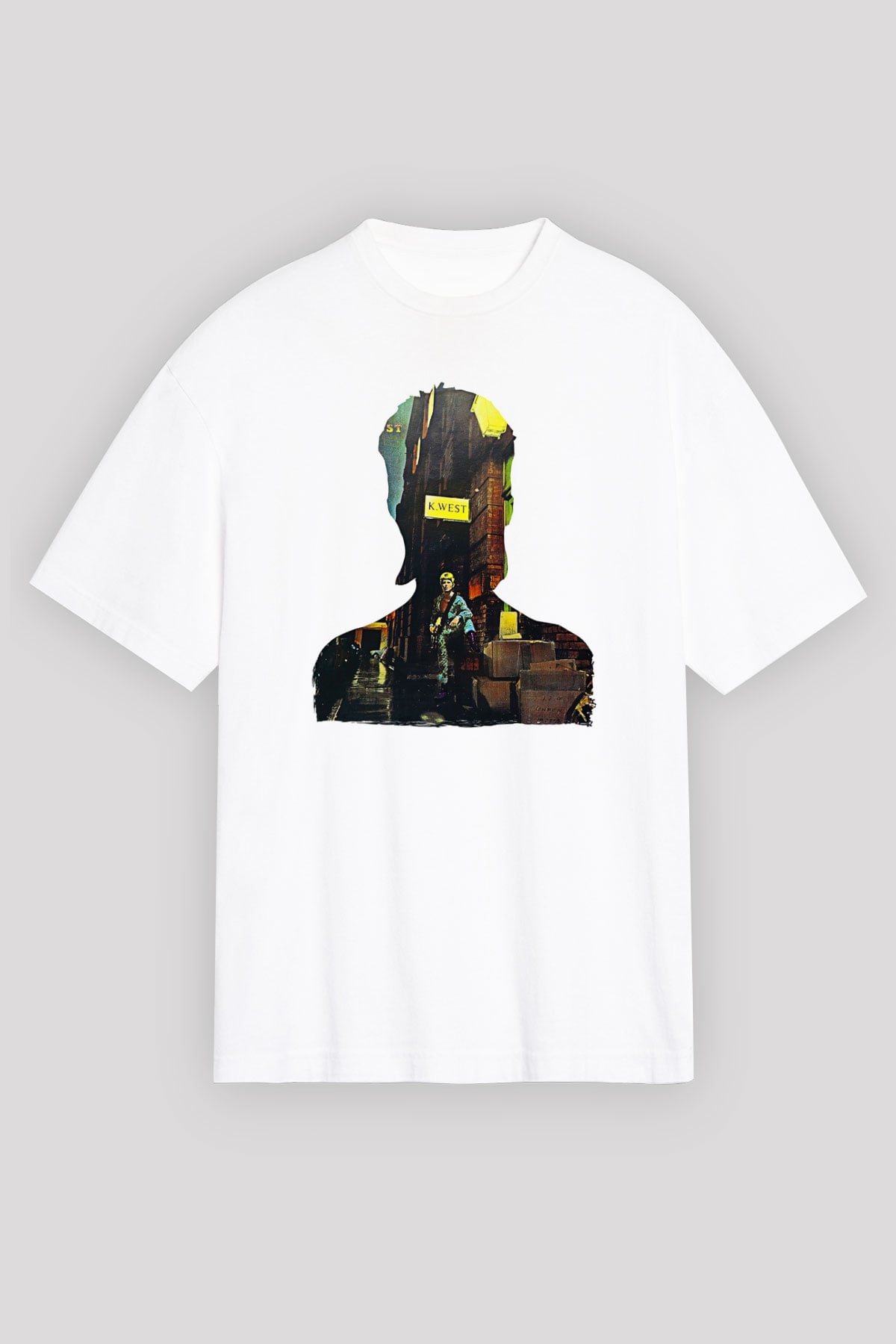 David Bowie Baskılı Beyaz Unisex Oversize Tişört - Tshirt