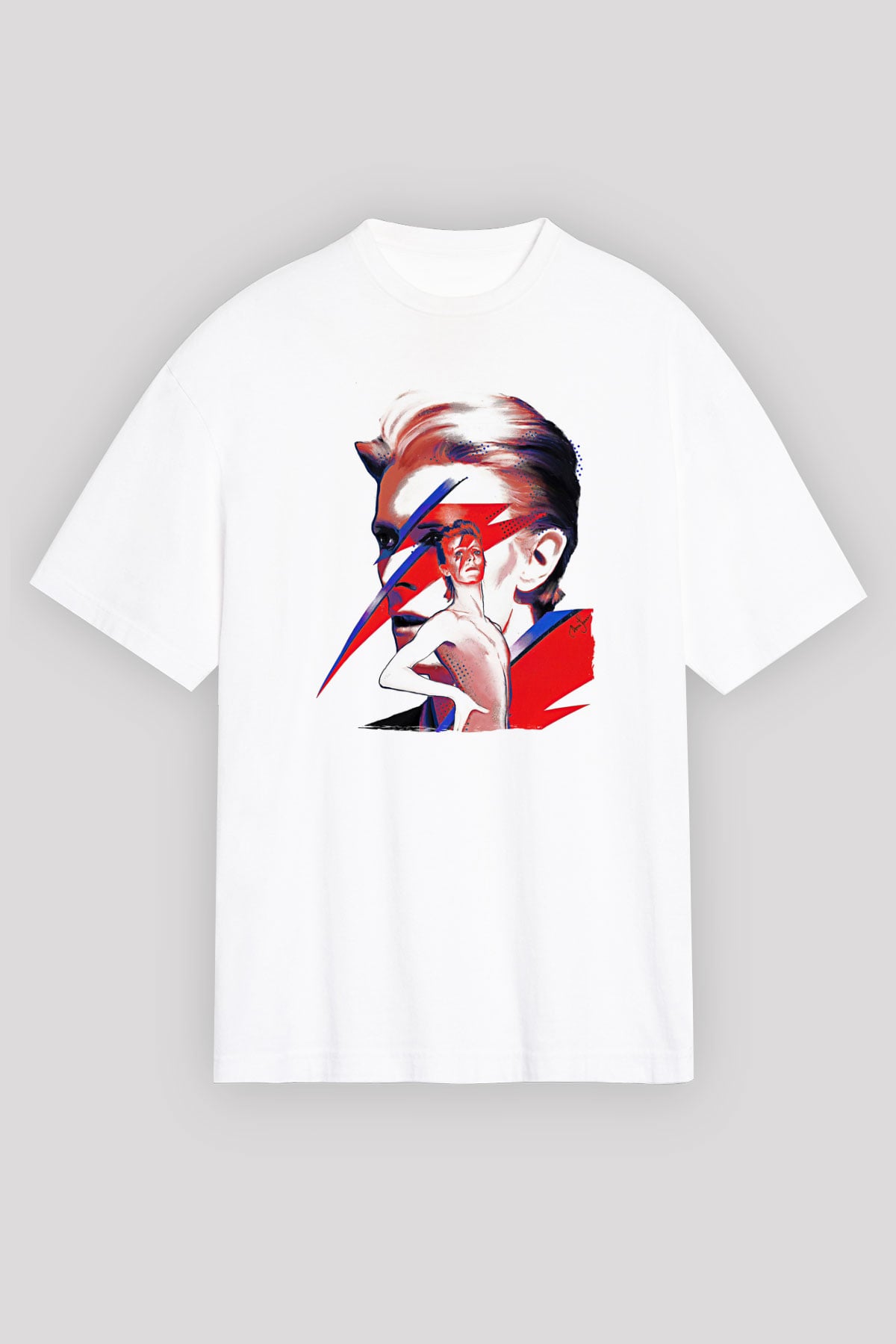 David Bowie Baskılı Beyaz Unisex Oversize Tişört - Tshirt