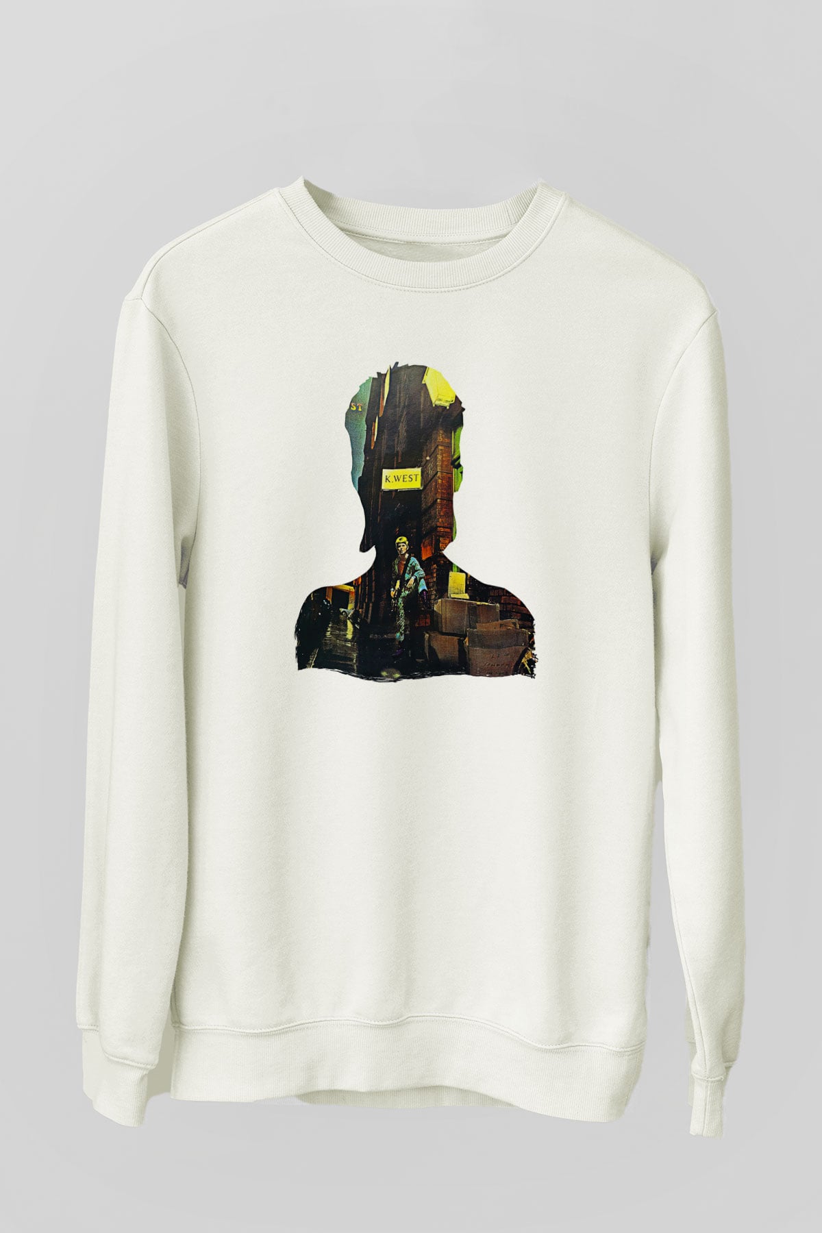 David Bowie Baskılı Beyaz Unisex Sweatshirt