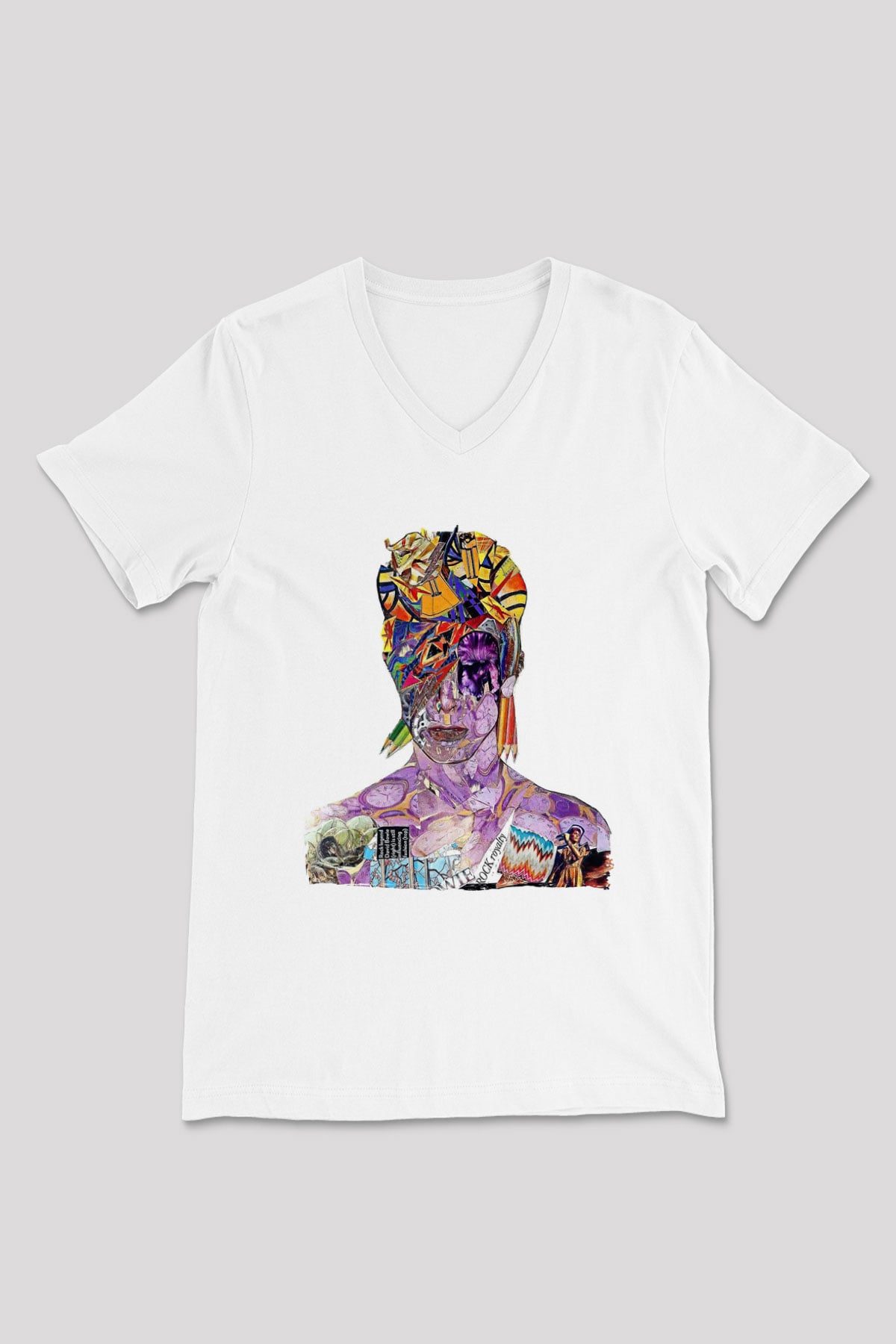 David Bowie Baskılı Beyaz Unisex V Yaka Tişört - Tshirt