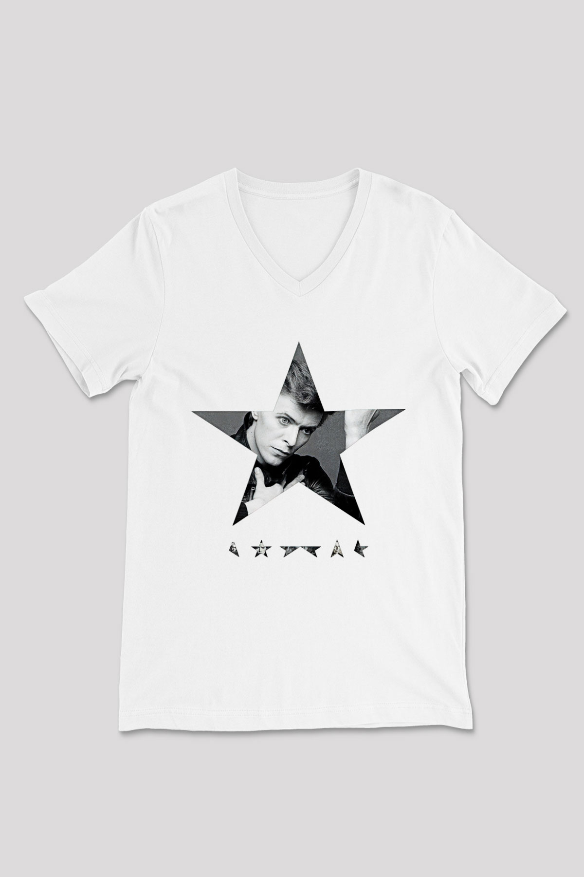 David Bowie Baskılı Beyaz Unisex V Yaka Tişört - Tshirt