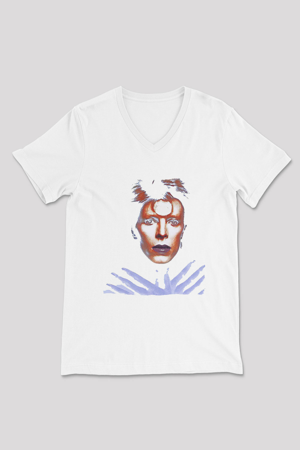 David Bowie Baskılı Beyaz Unisex V Yaka Tişört - Tshirt