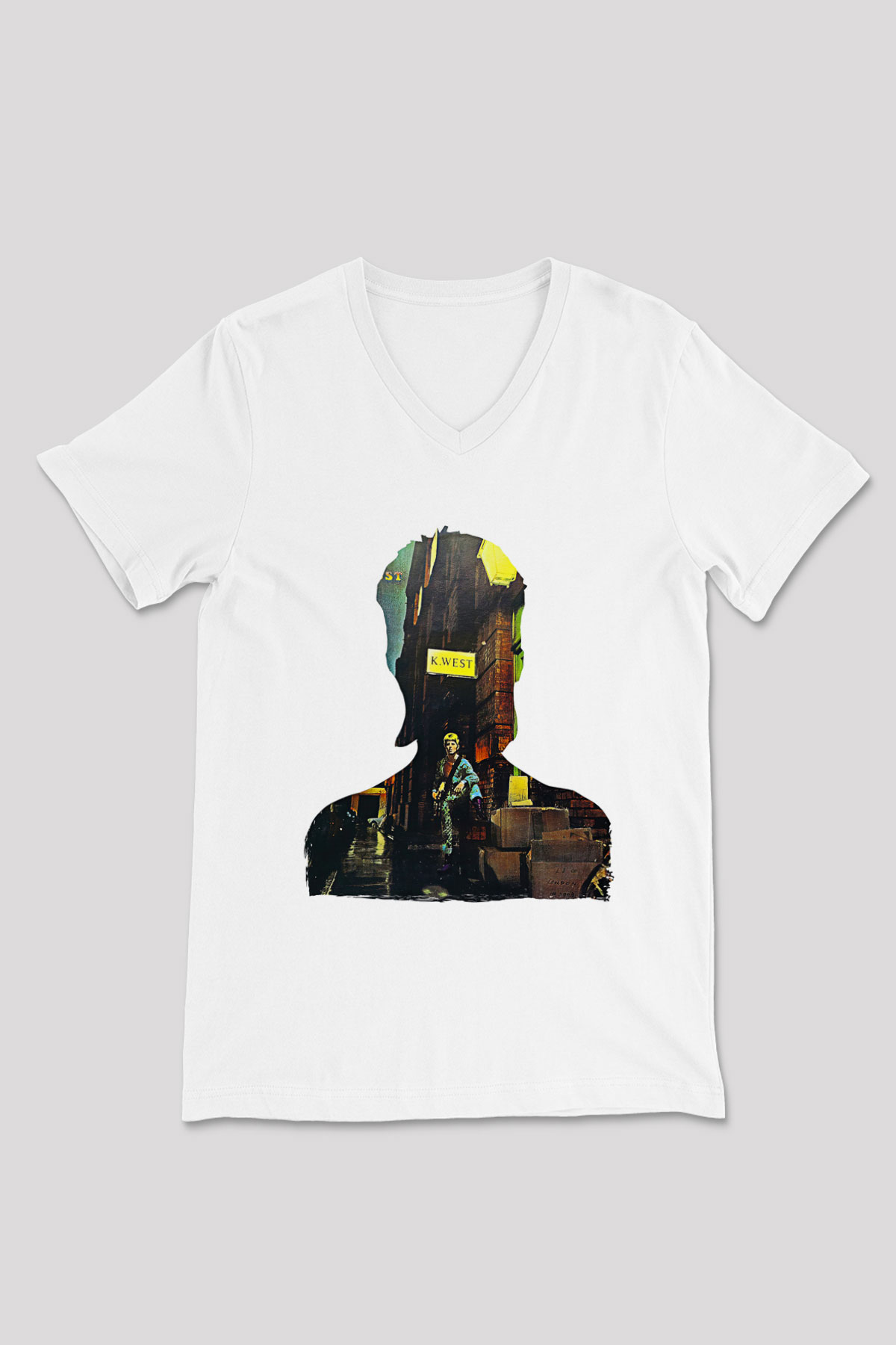 David Bowie Baskılı Beyaz Unisex V Yaka Tişört - Tshirt