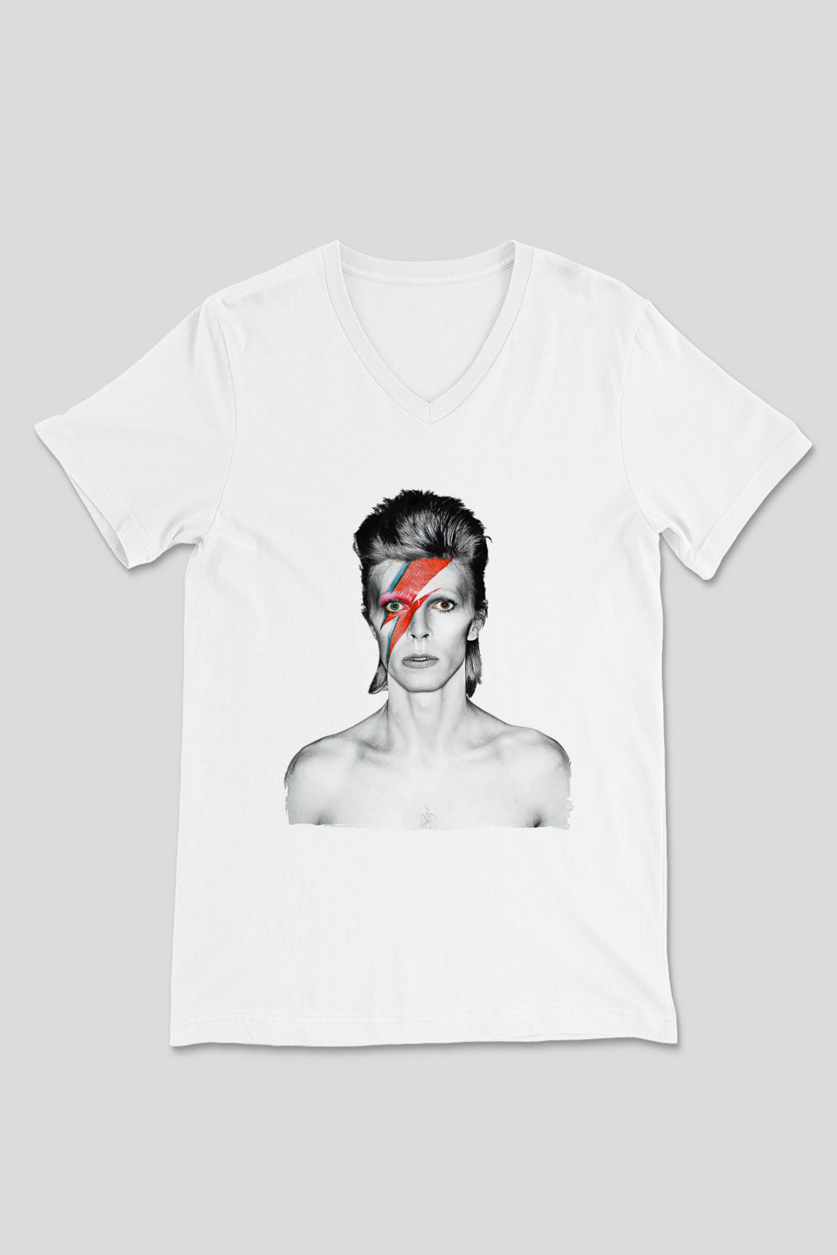 David Bowie Baskılı Beyaz Unisex V Yaka Tişört - Tshirt