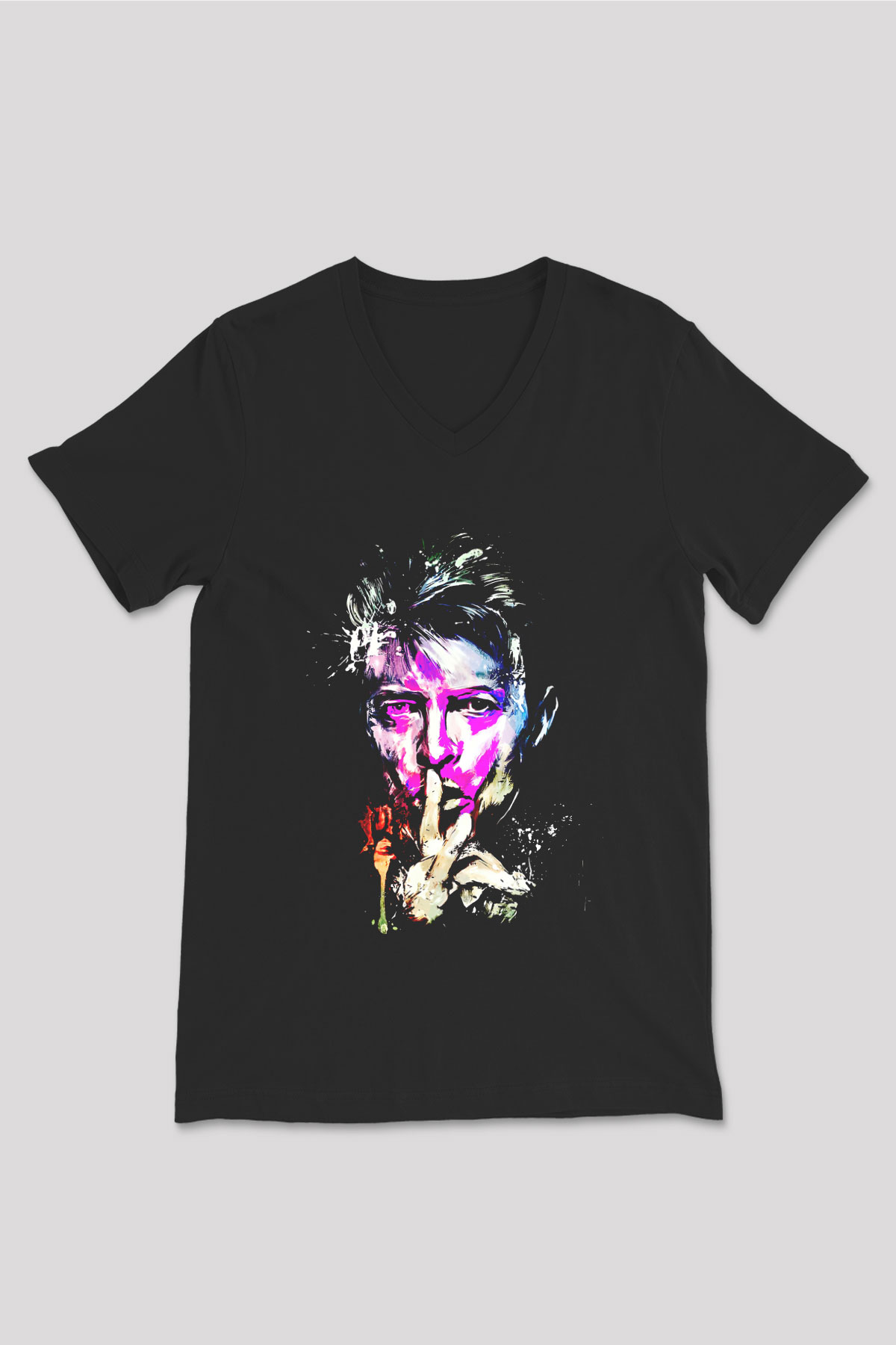 David Bowie Baskılı Unisex Siyah V Yaka Tişört - Tshirt