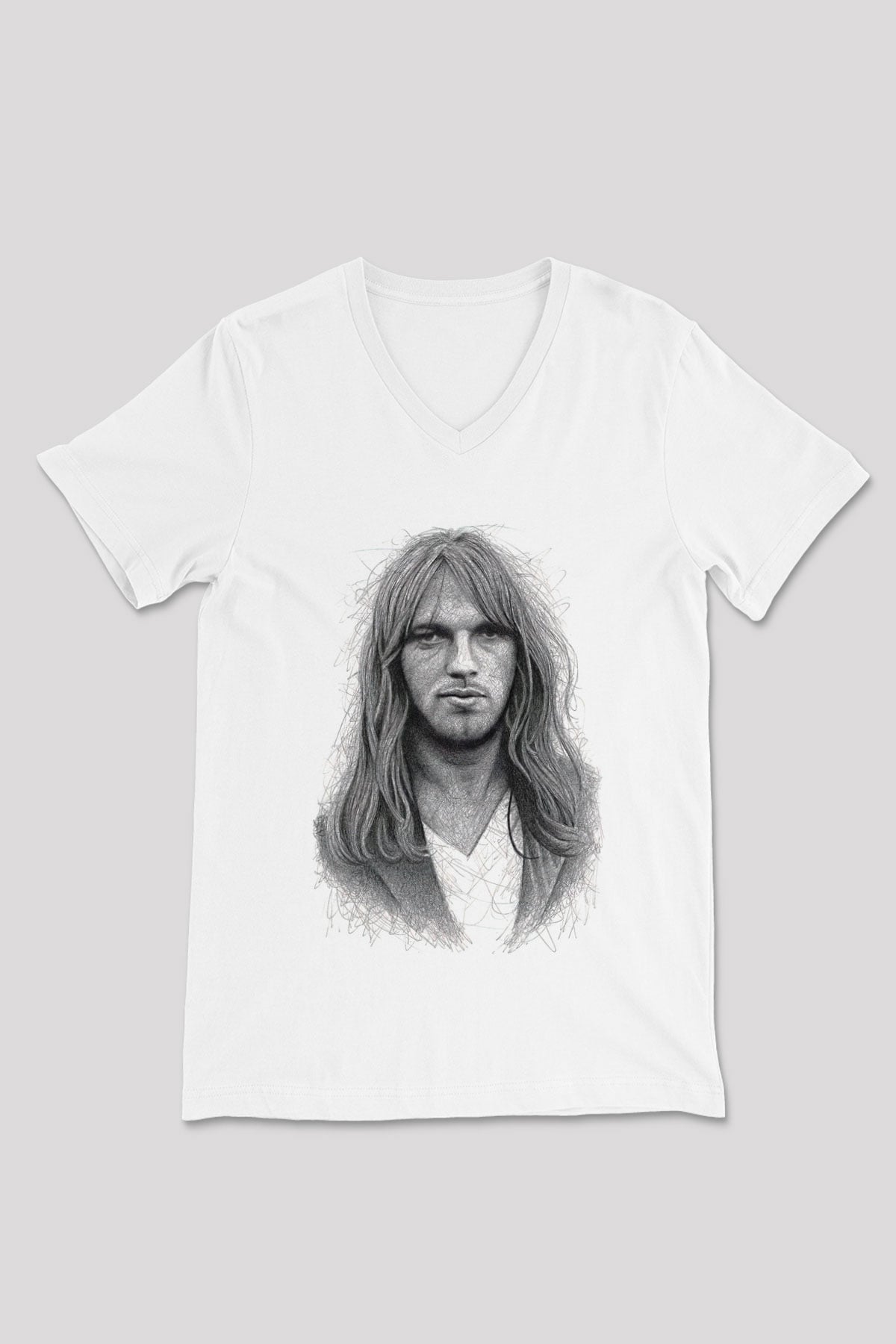 David Gilmour Baskılı Beyaz Unisex V Yaka Tişört - Tshirt