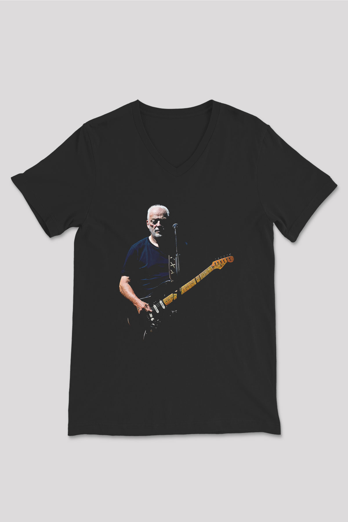 David Gilmour Baskılı Unisex Siyah V Yaka Tişört - Tshirt