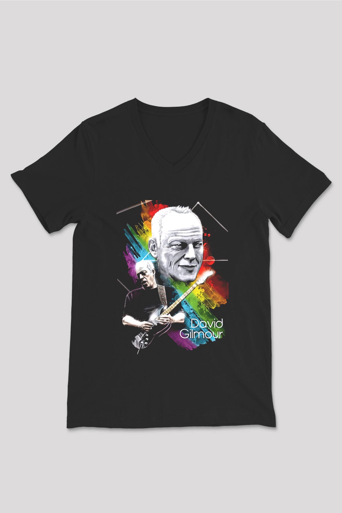 David Gilmour Baskılı Unisex Siyah V Yaka Tişört - Tshirt