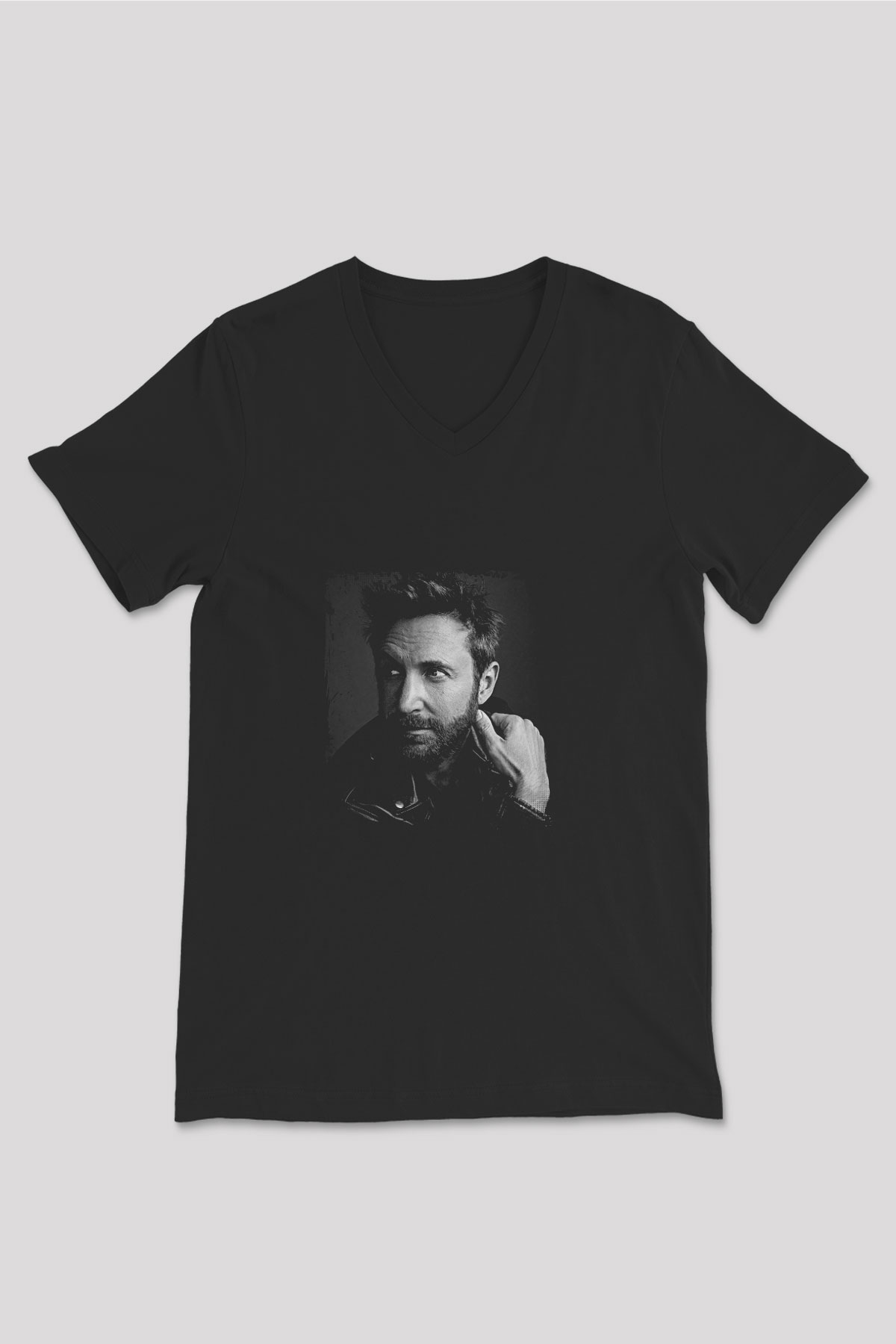 David Guetta Baskılı Unisex Siyah V Yaka Tişört