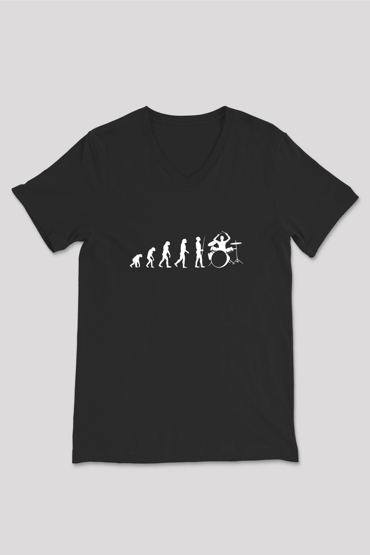 Davulcu Evrimi Baskılı Unisex V Yaka Siyah Tİşört - Tshirt