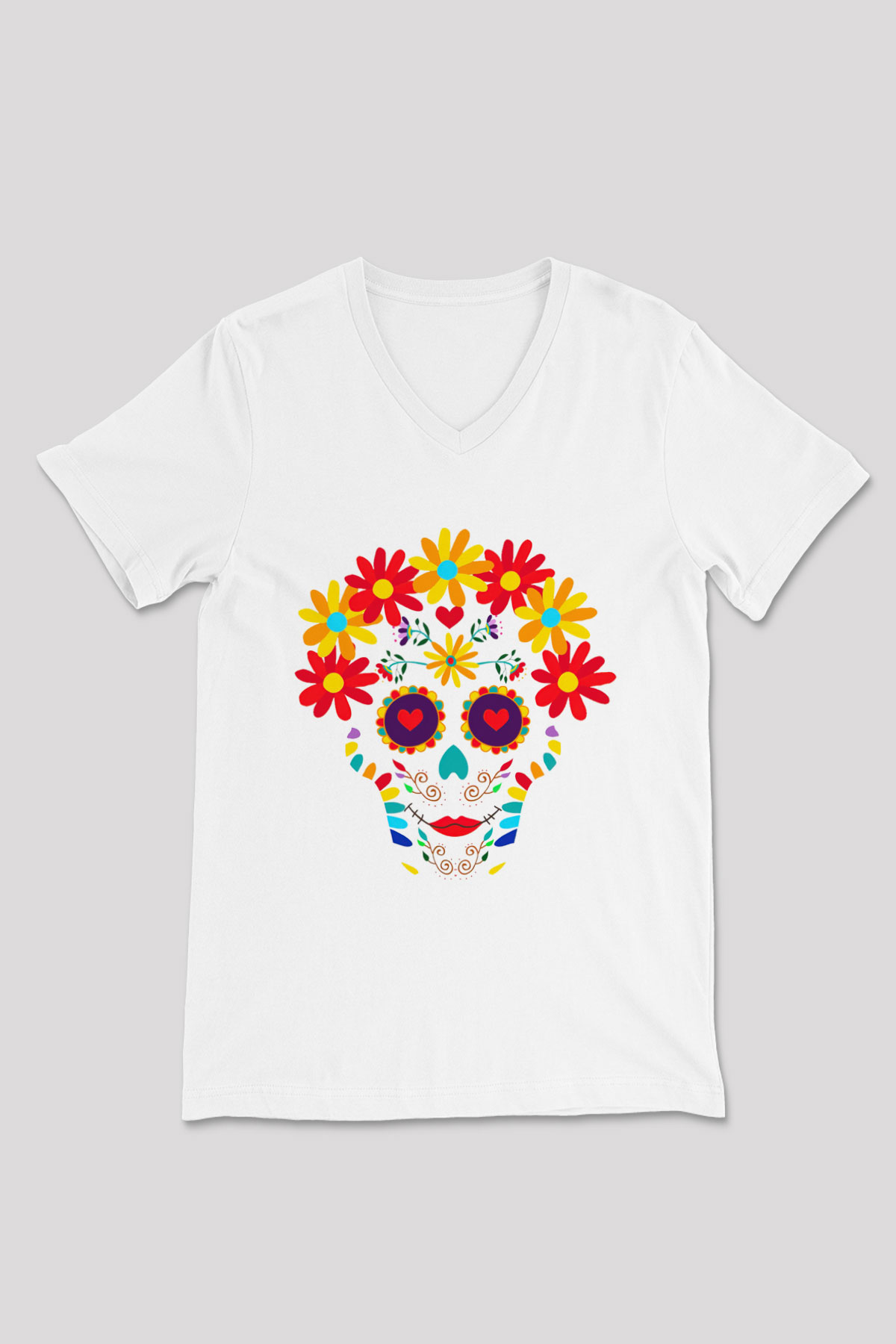 Day of the Dead Beyaz Unisex V Yaka Tişört