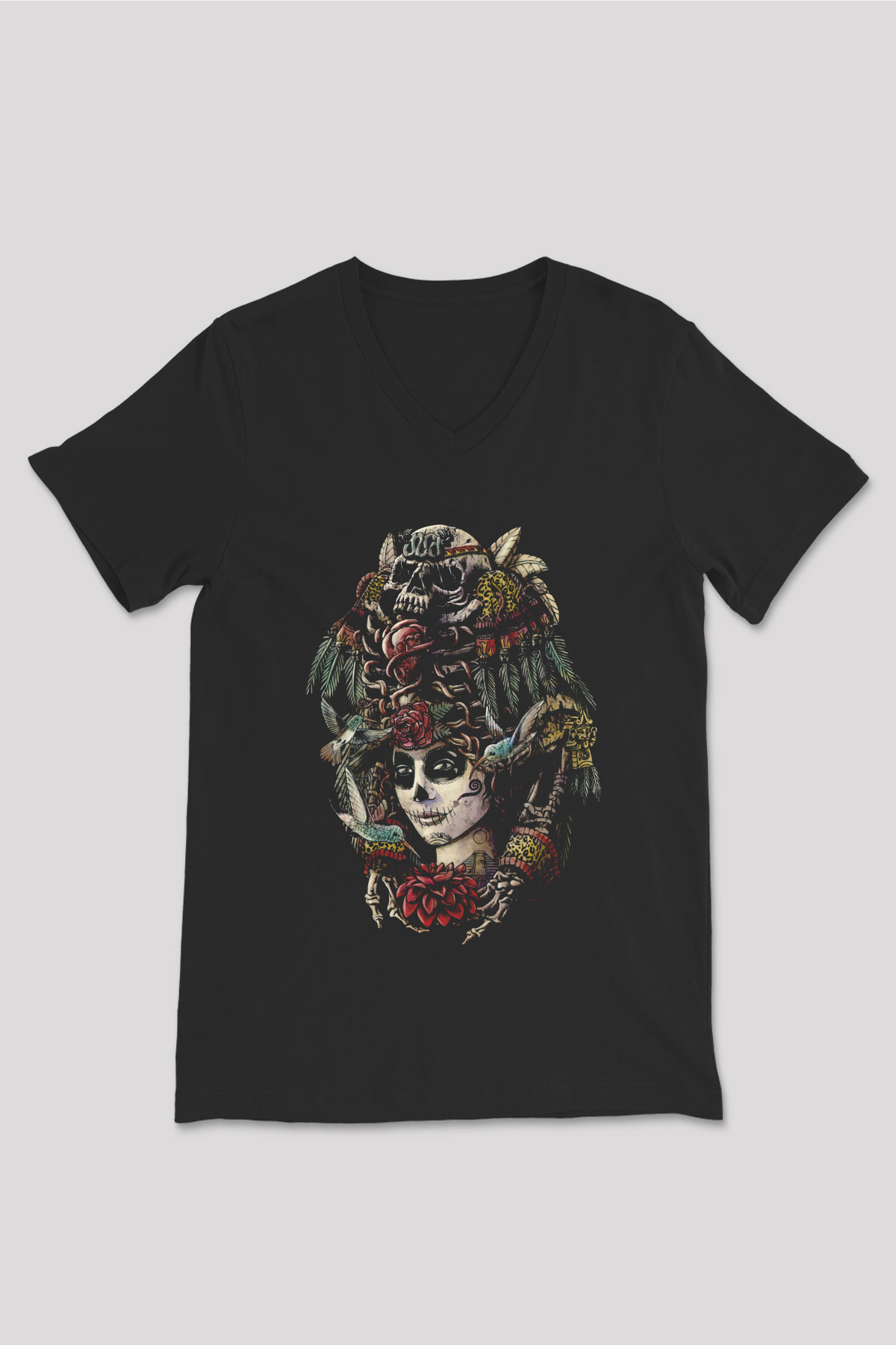 Day of the Dead Siyah Unisex  V Yaka Tişört