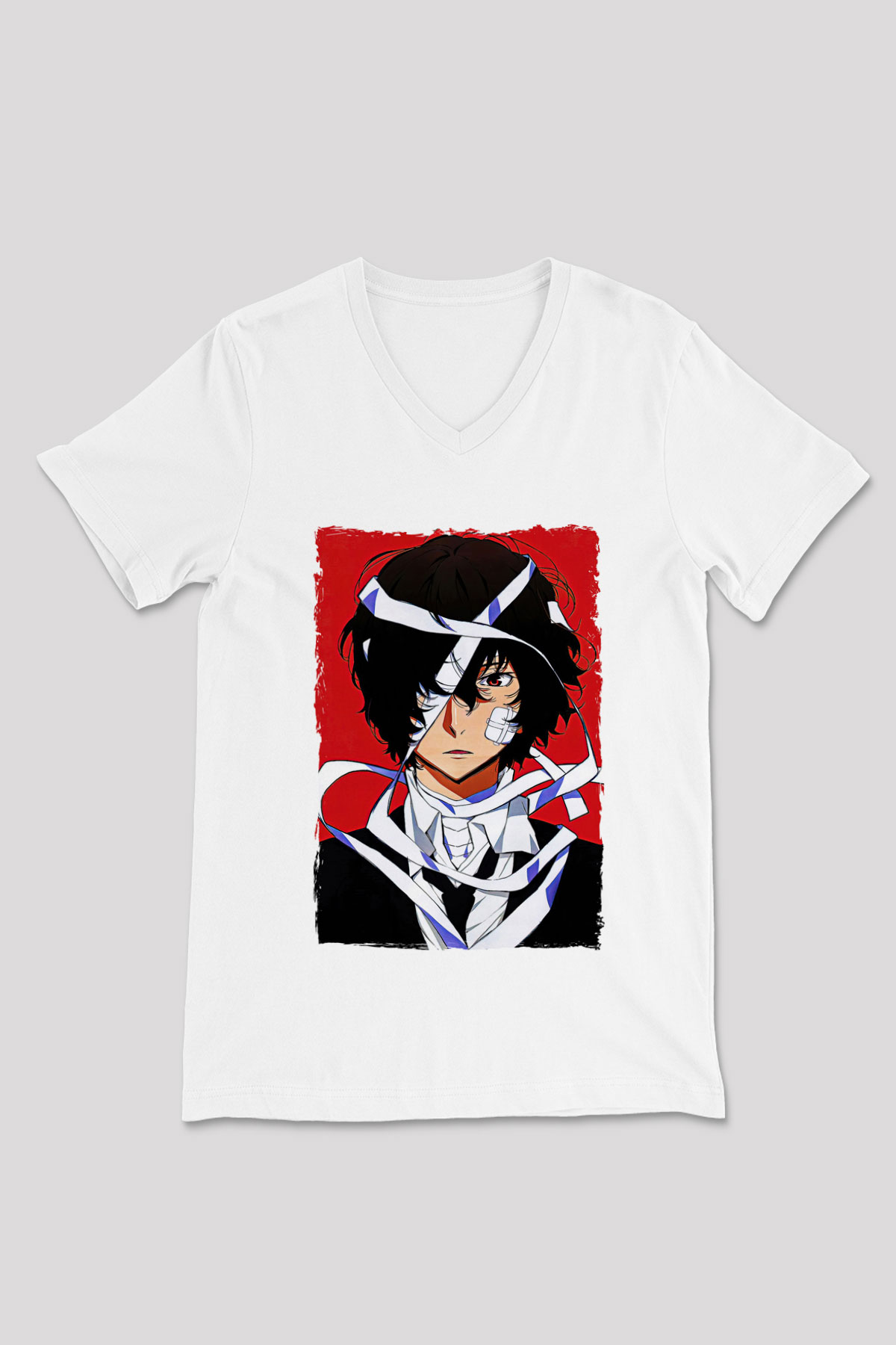 Dazai Baskılı Beyaz Unisex V Yaka Tişört - Tshirt