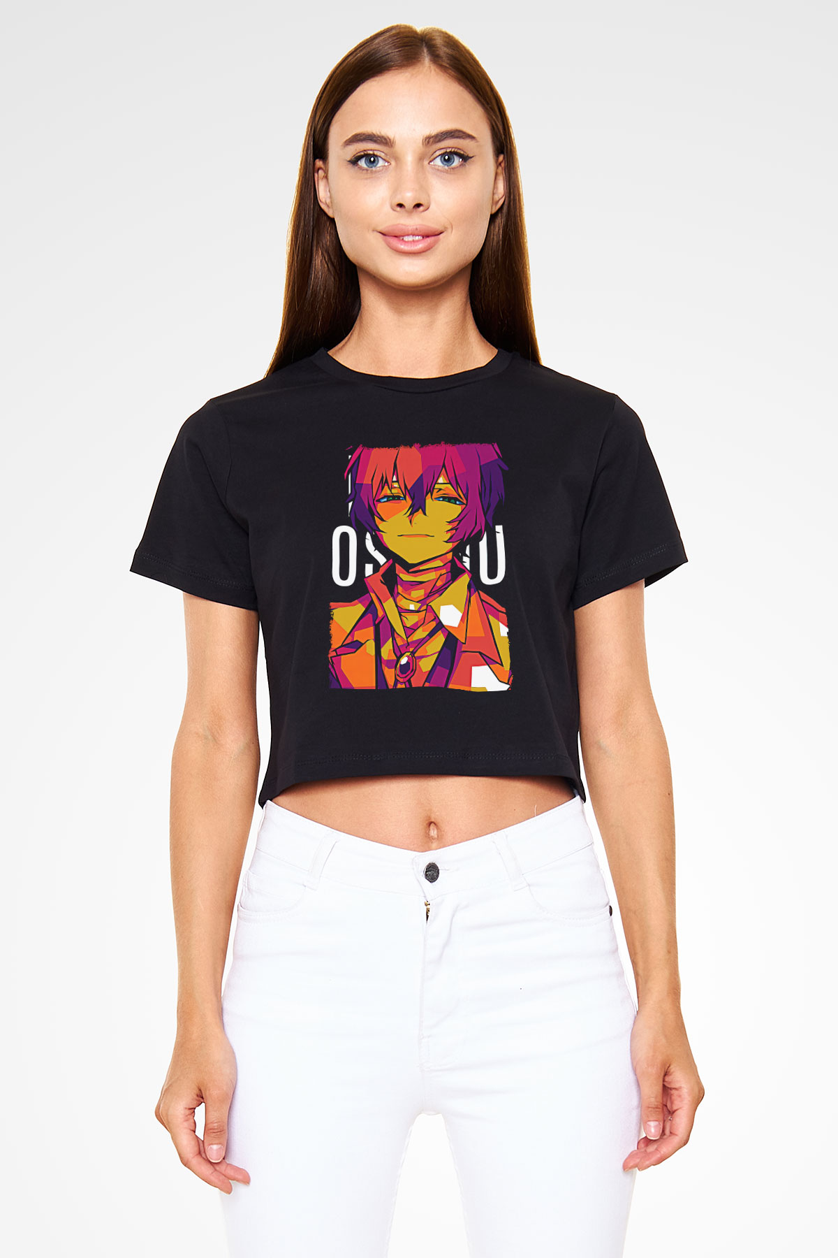 Dazai Baskılı Siyah Crop Top Kadın Tişört - Tshirt