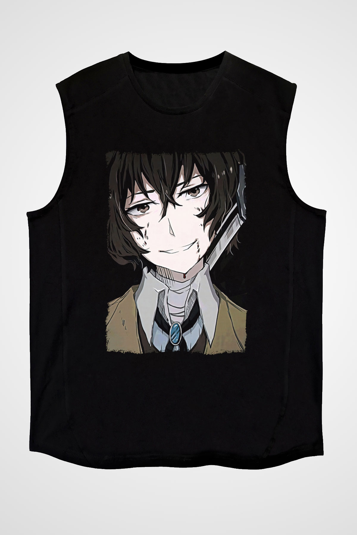 Dazai Baskılı Unisex Siyah Kolsuz Tişört - Tshirt