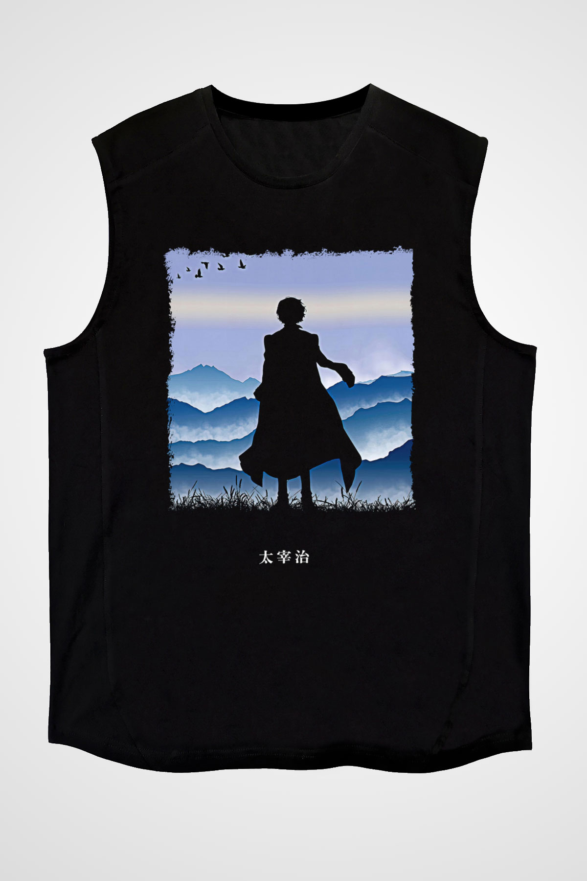 Dazai Baskılı Unisex Siyah Kolsuz Tişört - Tshirt
