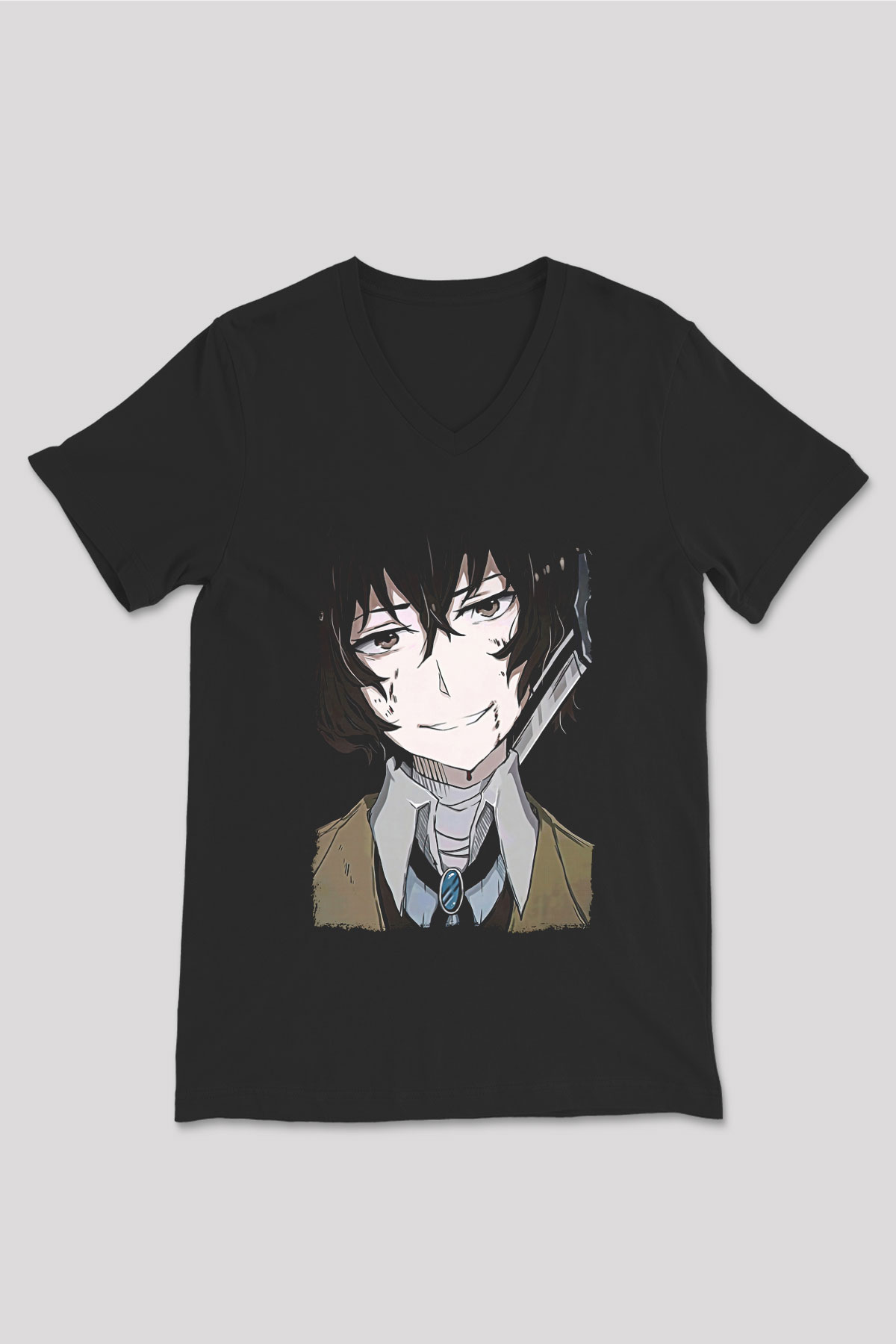 Dazai Baskılı Unisex Siyah V Yaka Tişört - Tshirt
