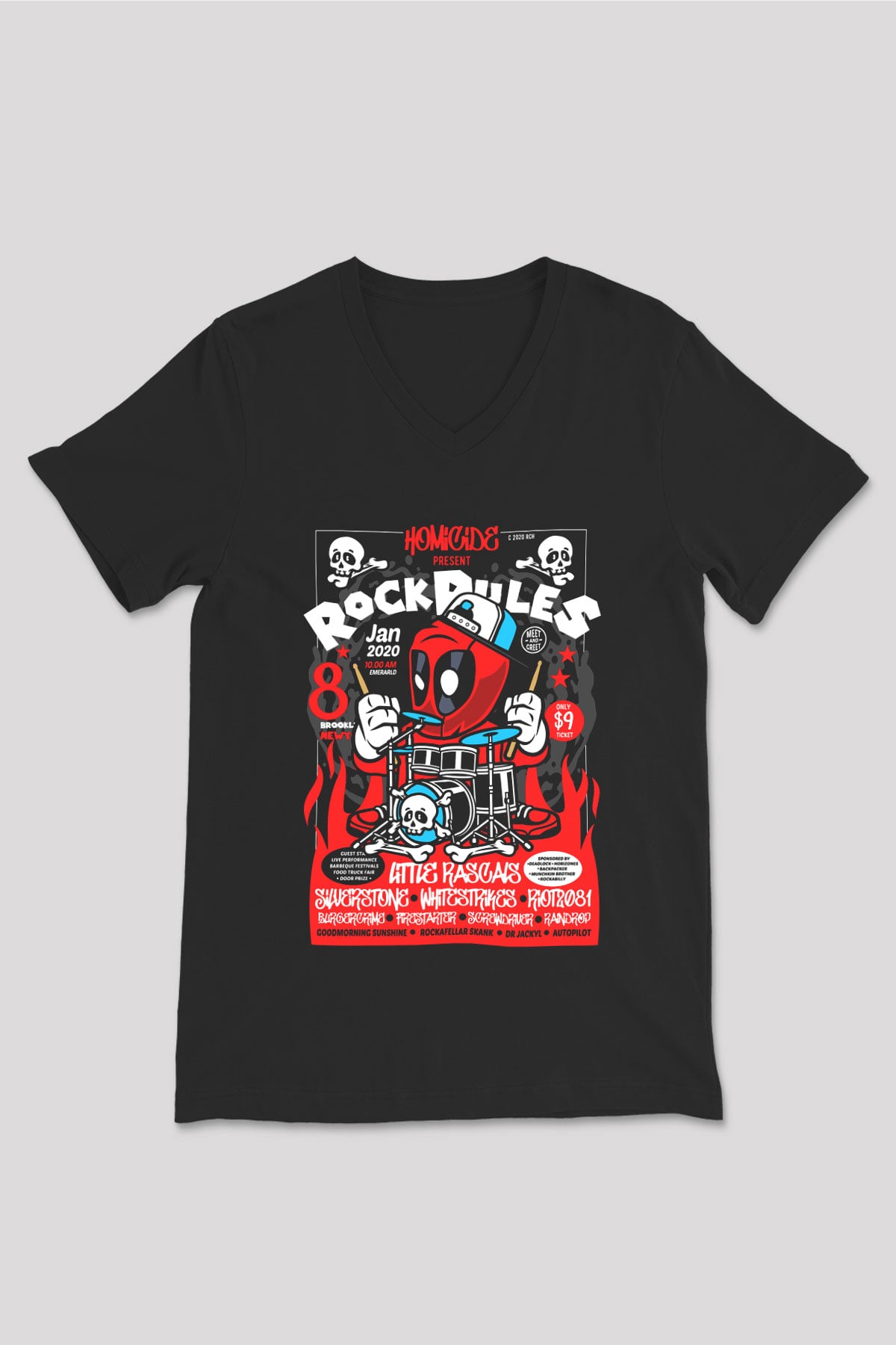 Dead Rock Poster Baskılı Unisex Siyah V Yaka Tişört