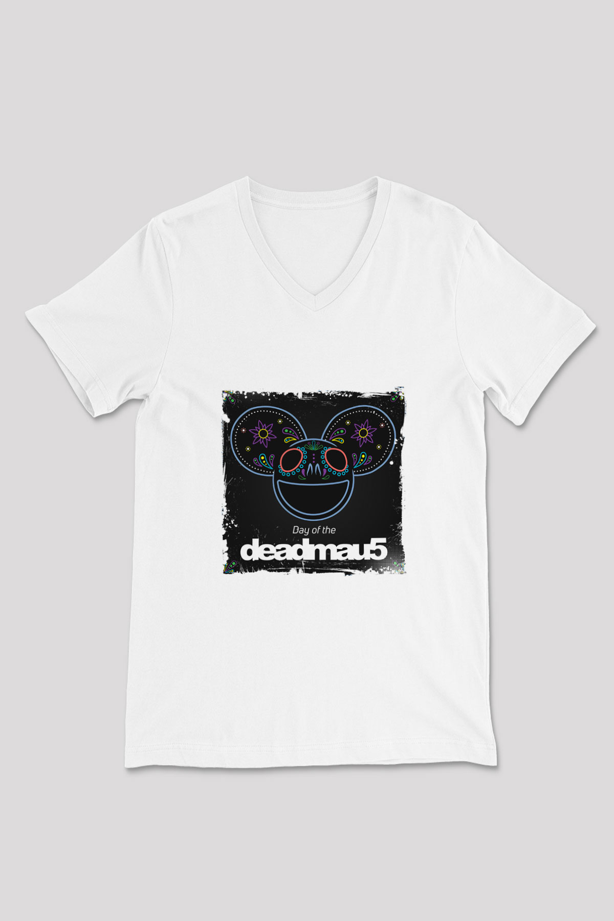 Deadmau5 Baskılı Beyaz V Yaka Unisex Tişört