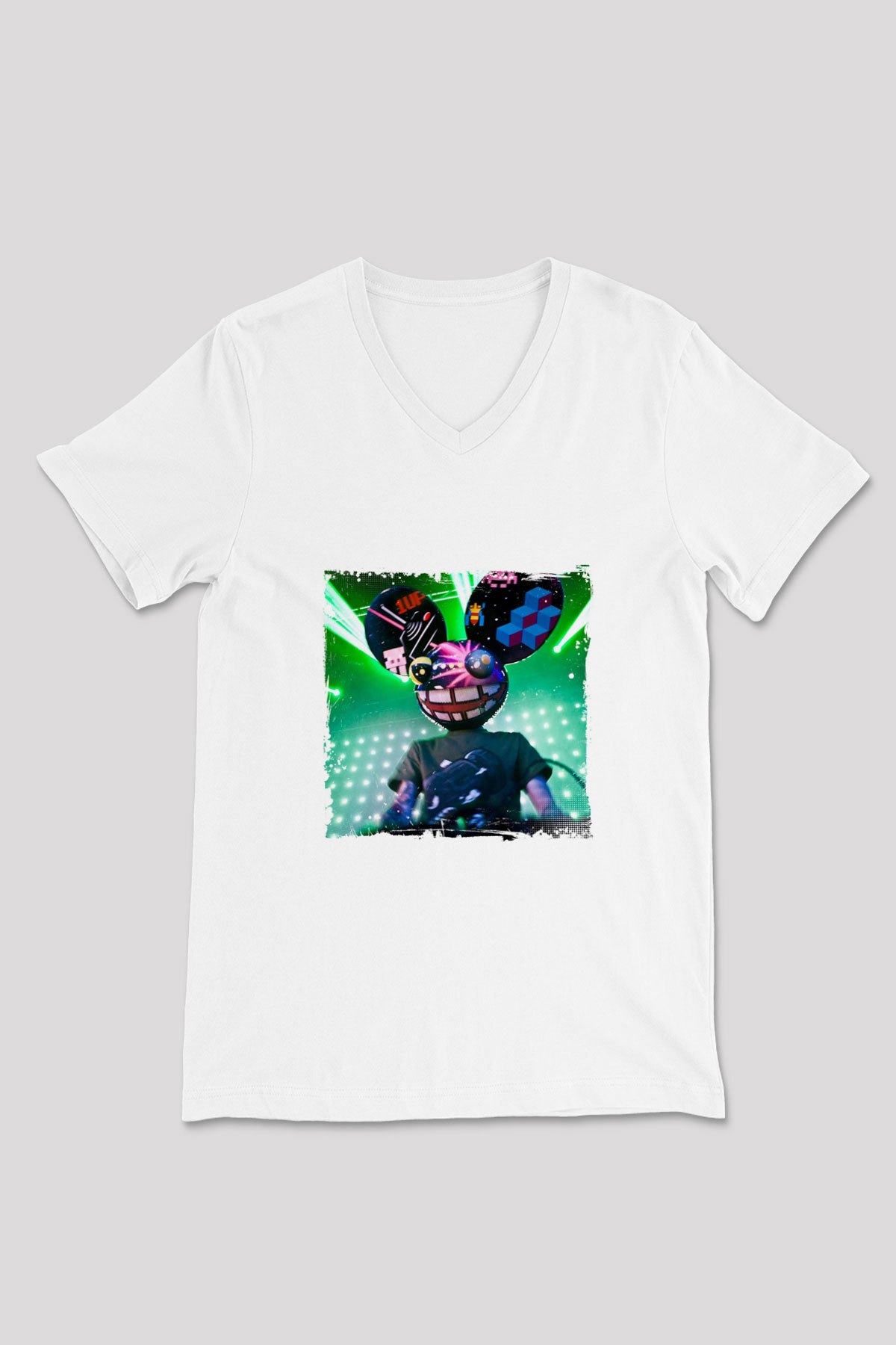 Deadmau5 Baskılı Beyaz V Yaka Unisex Tişört