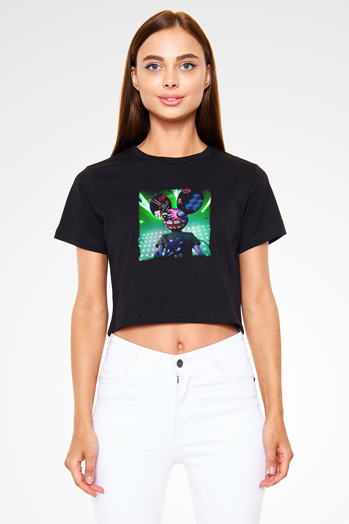Deadmau5 Baskılı Crop Top Siyah Kadın Tişört