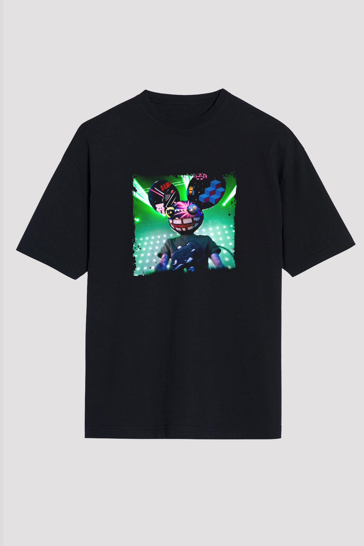 Deadmau5 Baskılı Unisex Oversize Siyah Tişört