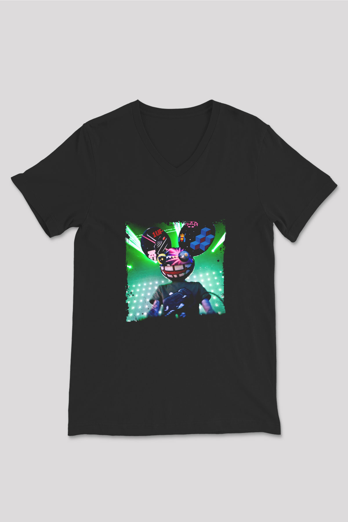Deadmau5 Baskılı Unisex Siyah V Yaka Tişört