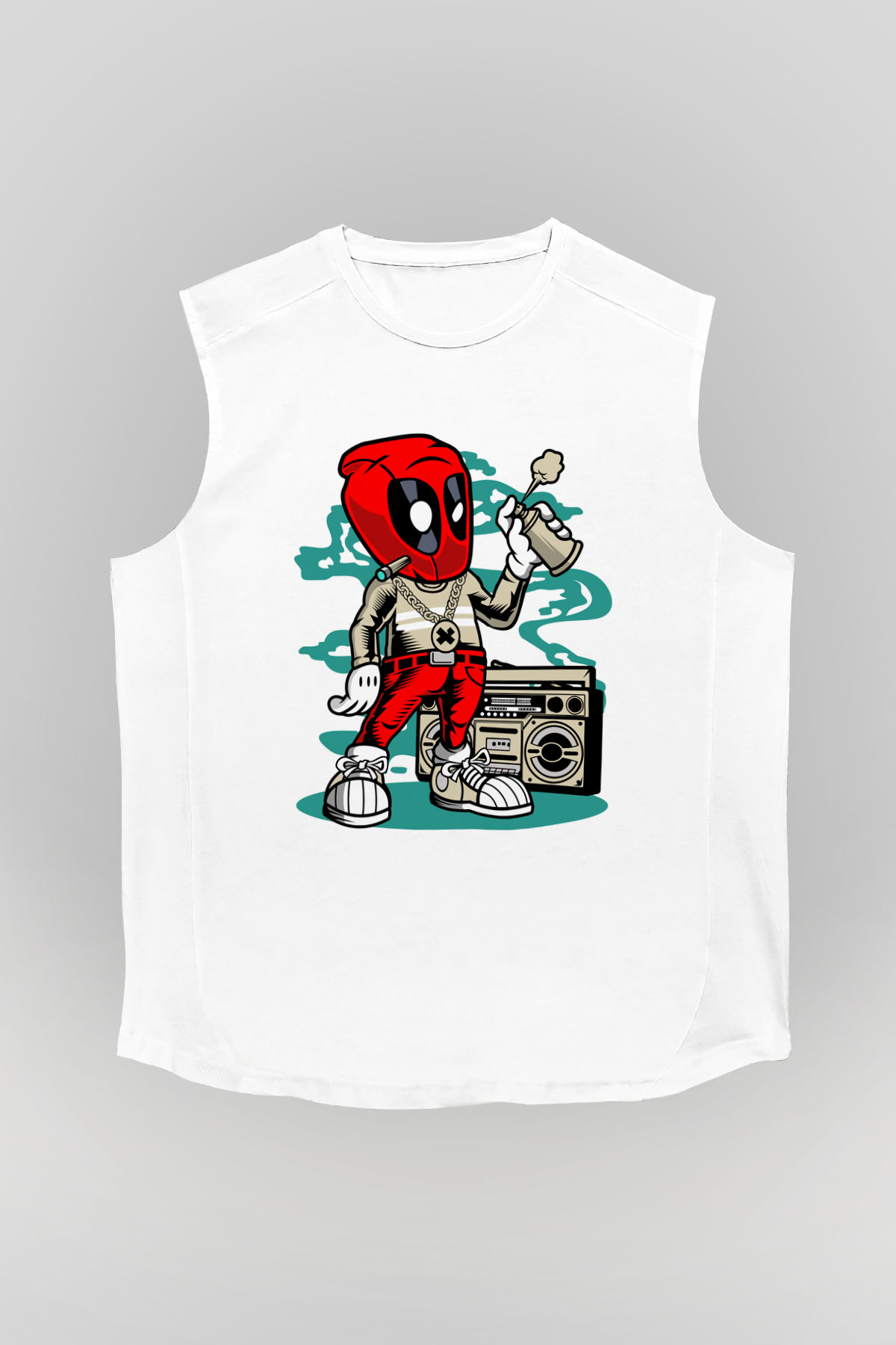 Deadpool Boombox Baskılı Unisex Beyaz Kolsuz Tişört