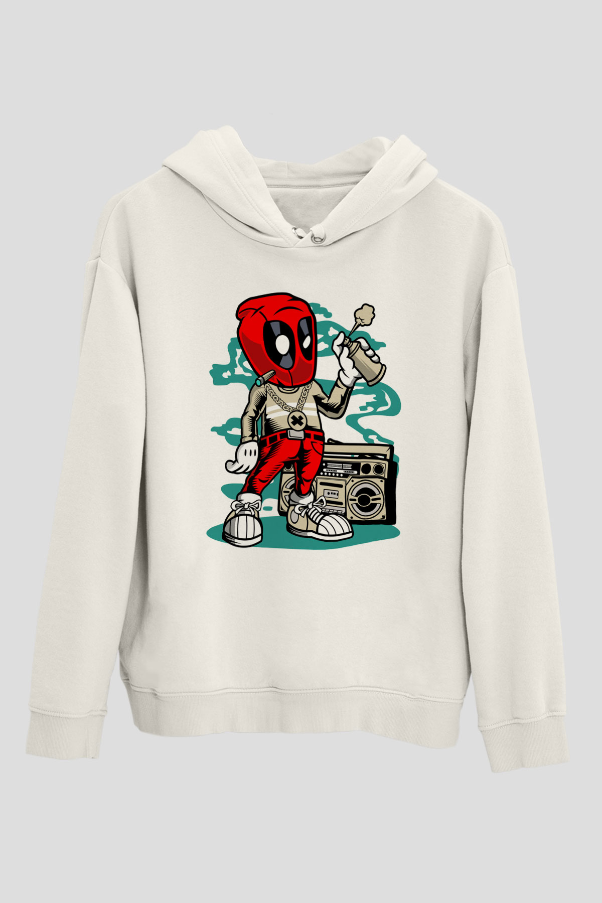 Deadpool Boombox Baskılı Unisex Beyaz Hoodie