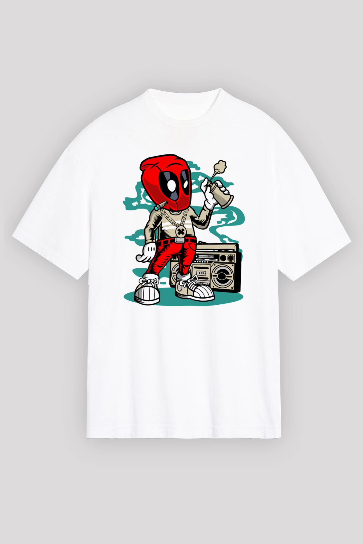 Deadpool Boombox Baskılı Unisex Beyaz Oversize Tişört