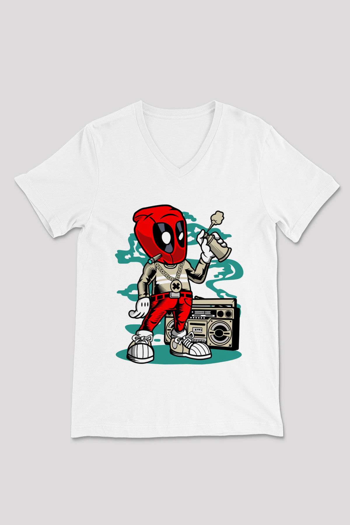 Deadpool Boombox Baskılı Unisex Beyaz V Yaka Tişört