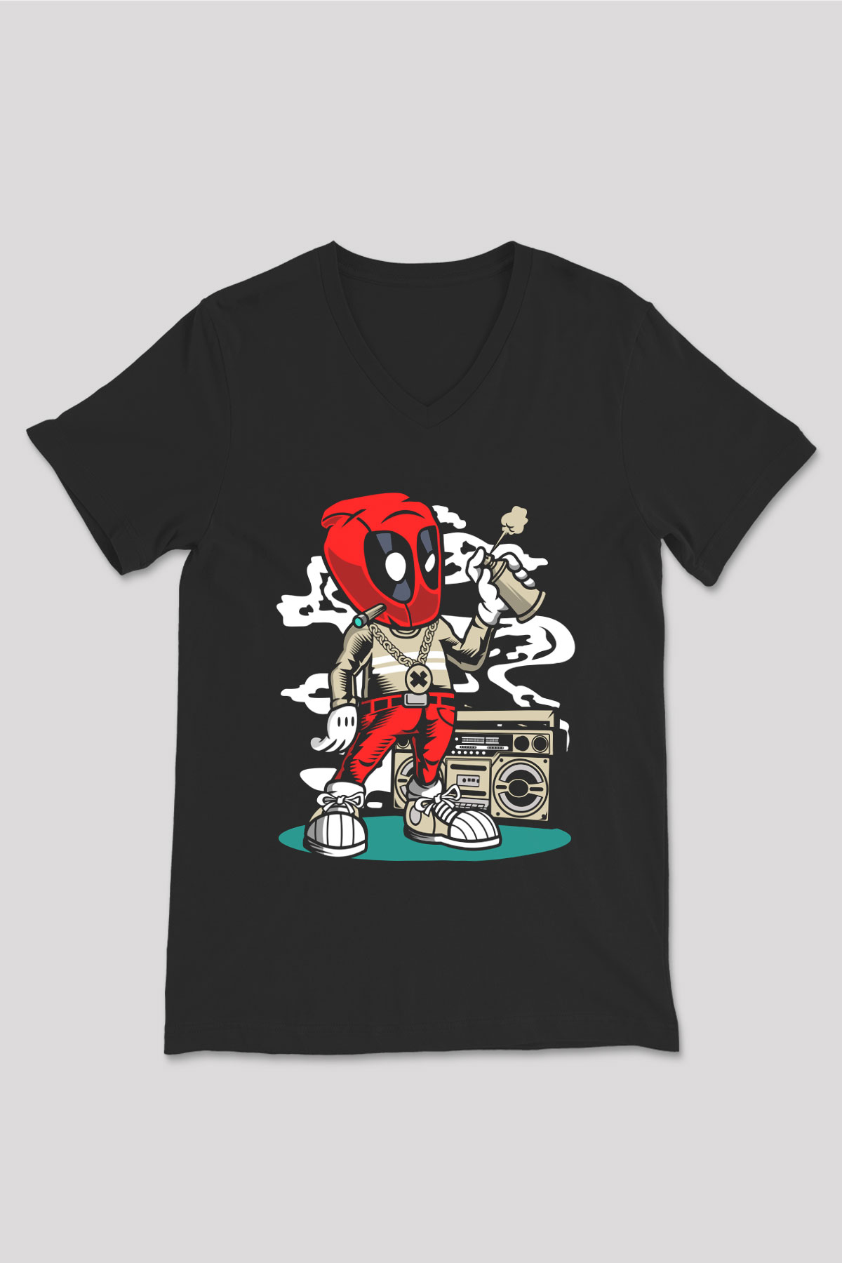 Deadpool Boombox Baskılı Unisex Siyah V Yaka Tişört