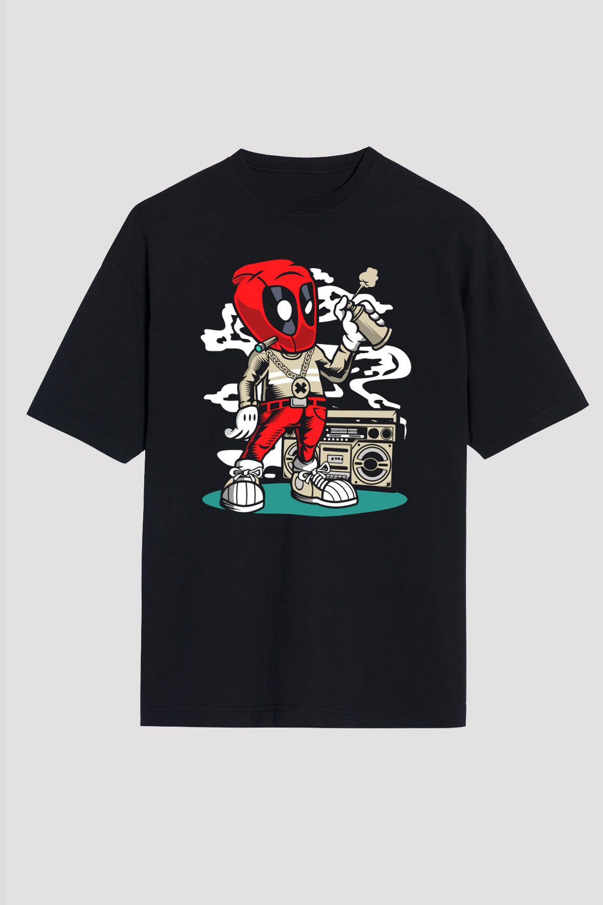 Deadpool Boombox Baskılı Unisex Siyah Oversize Tişört