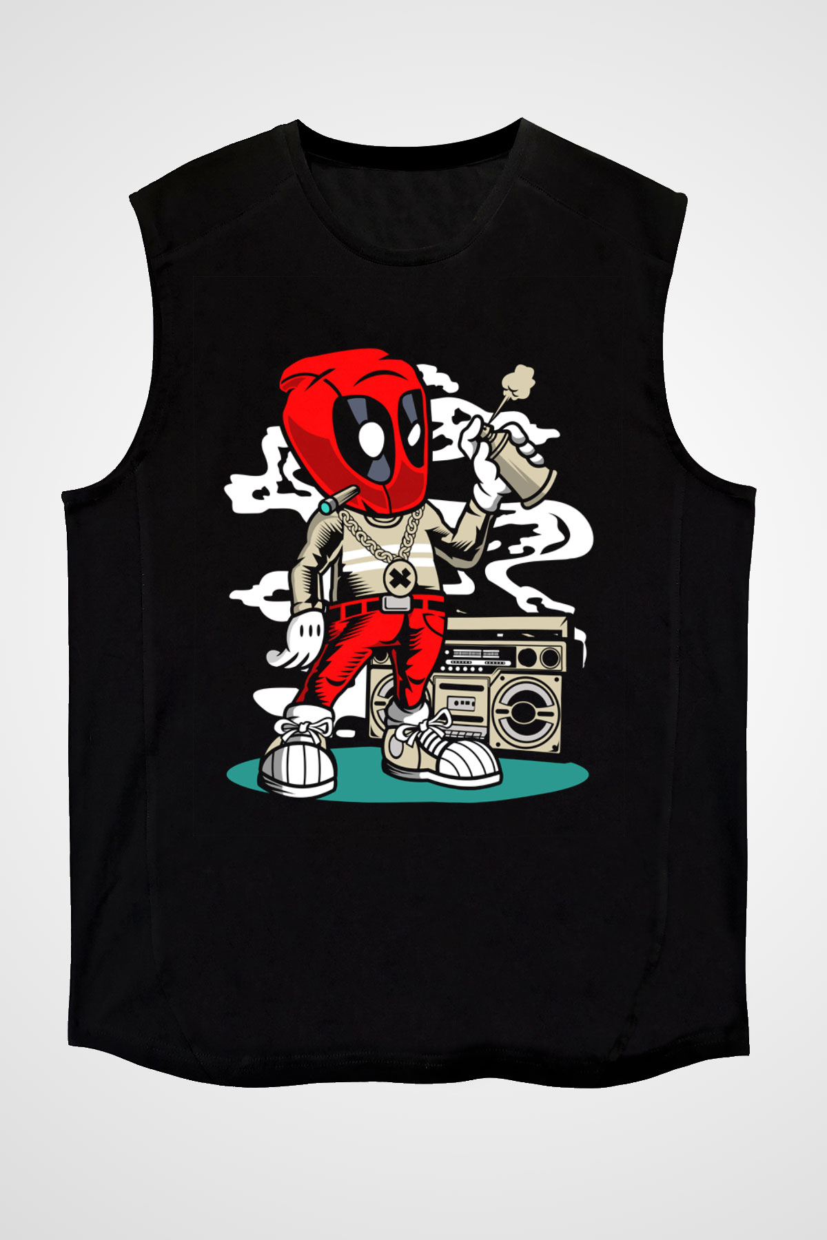 Deadpool Boombox Baskılı Unisex Siyah Kolsuz Tişört