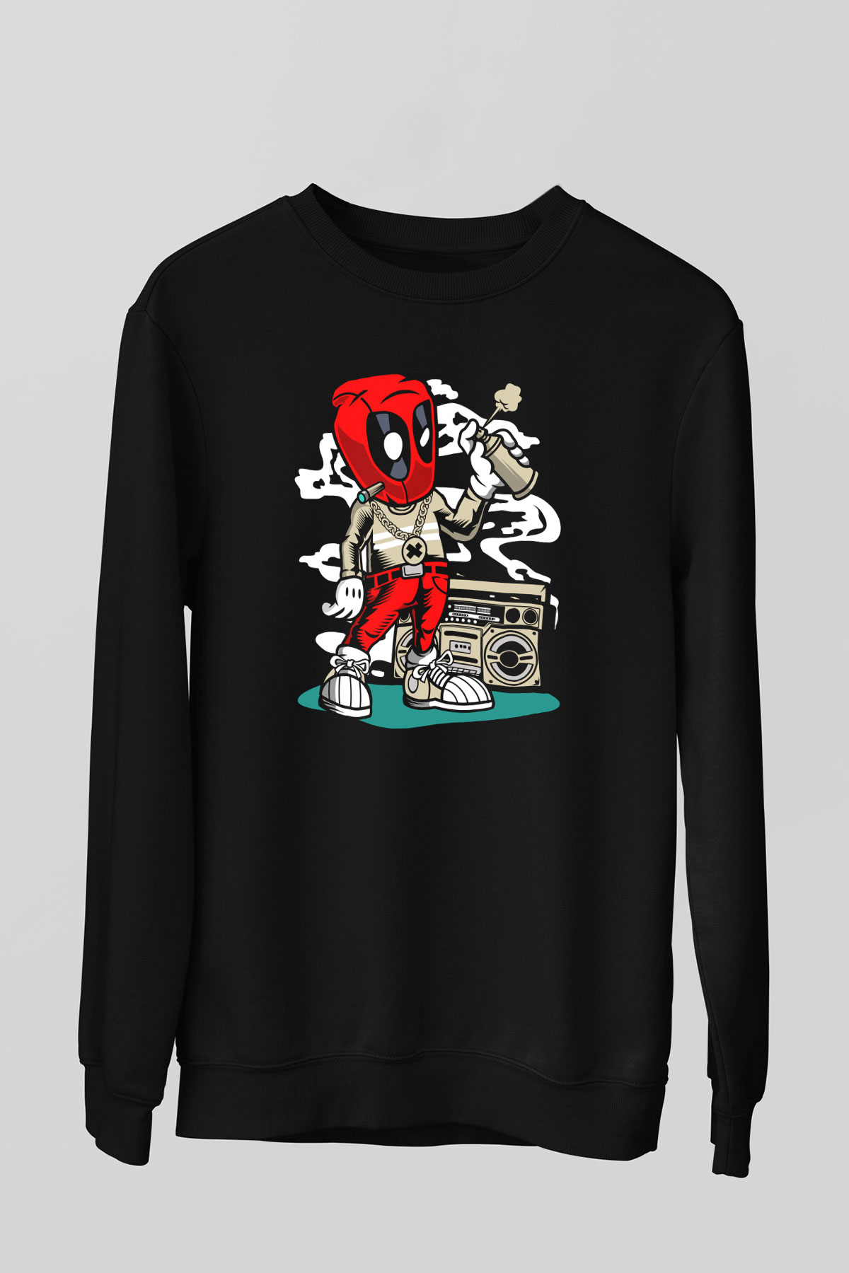 Deadpool Boombox Baskılı Unisex Siyah Sweatshirt