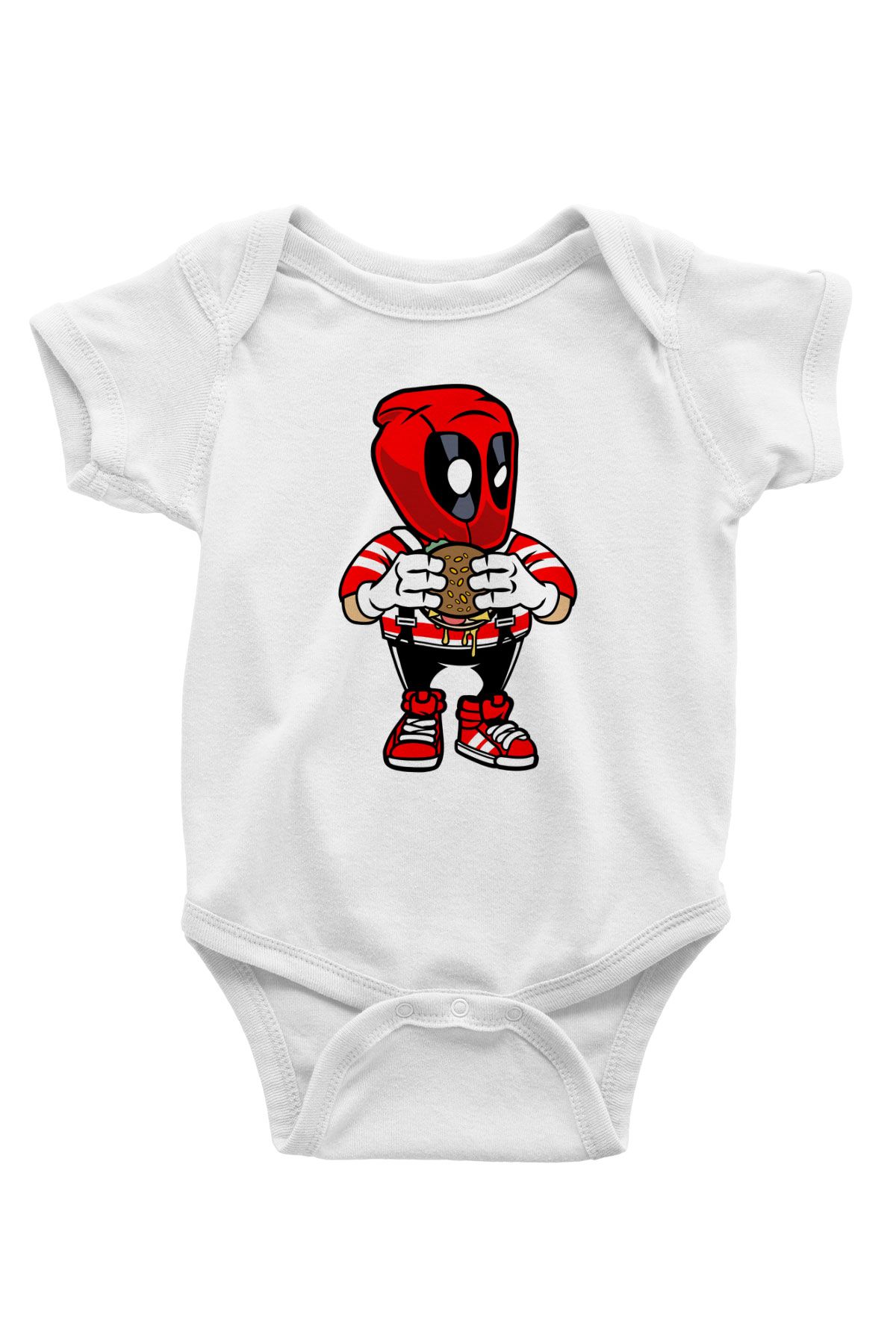 Deadpool Eat Burger Baskılı Unisex Beyaz Bebek Body - Zıbın