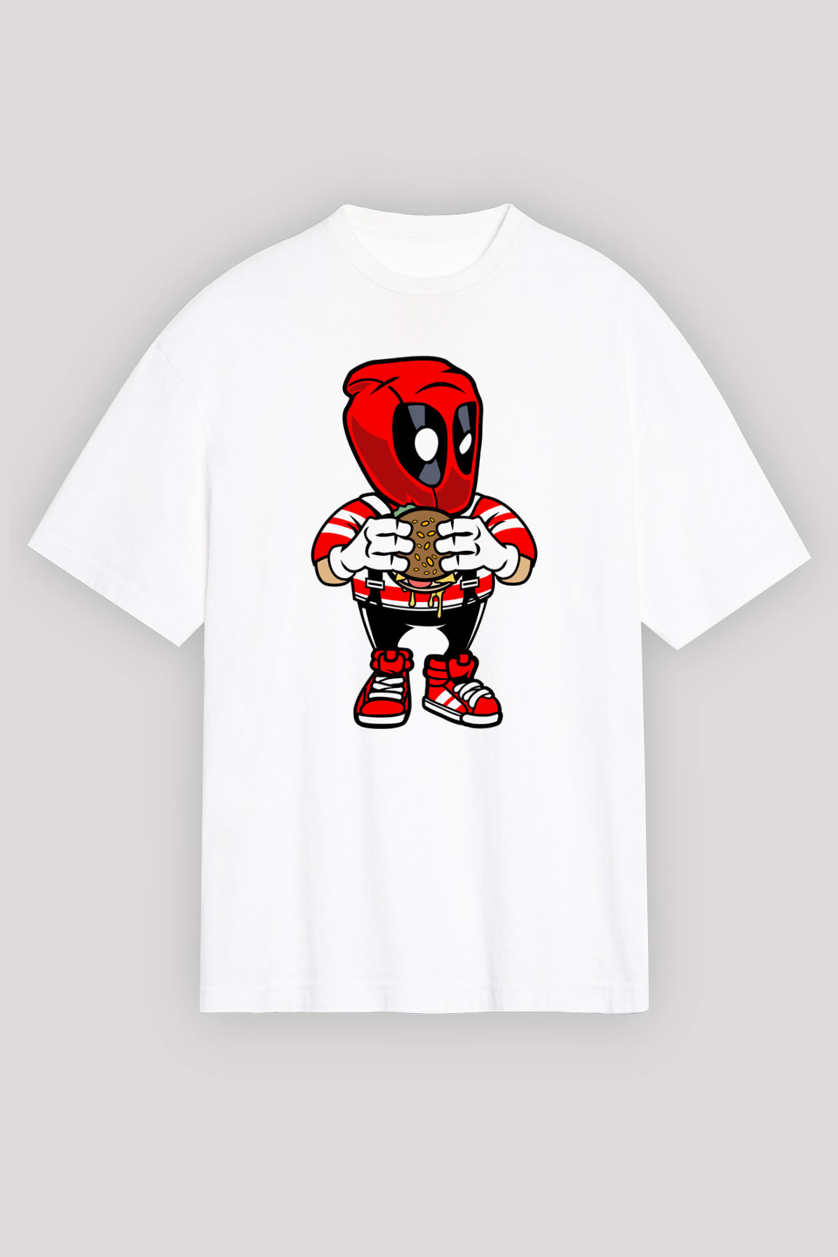 Deadpool Eat Burger Baskılı Unisex Beyaz Oversize Tişört