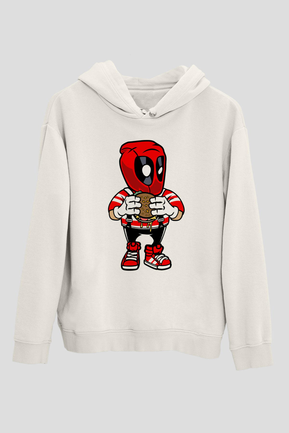 Deadpool Eat Burger Baskılı Unisex Beyaz Hoodie