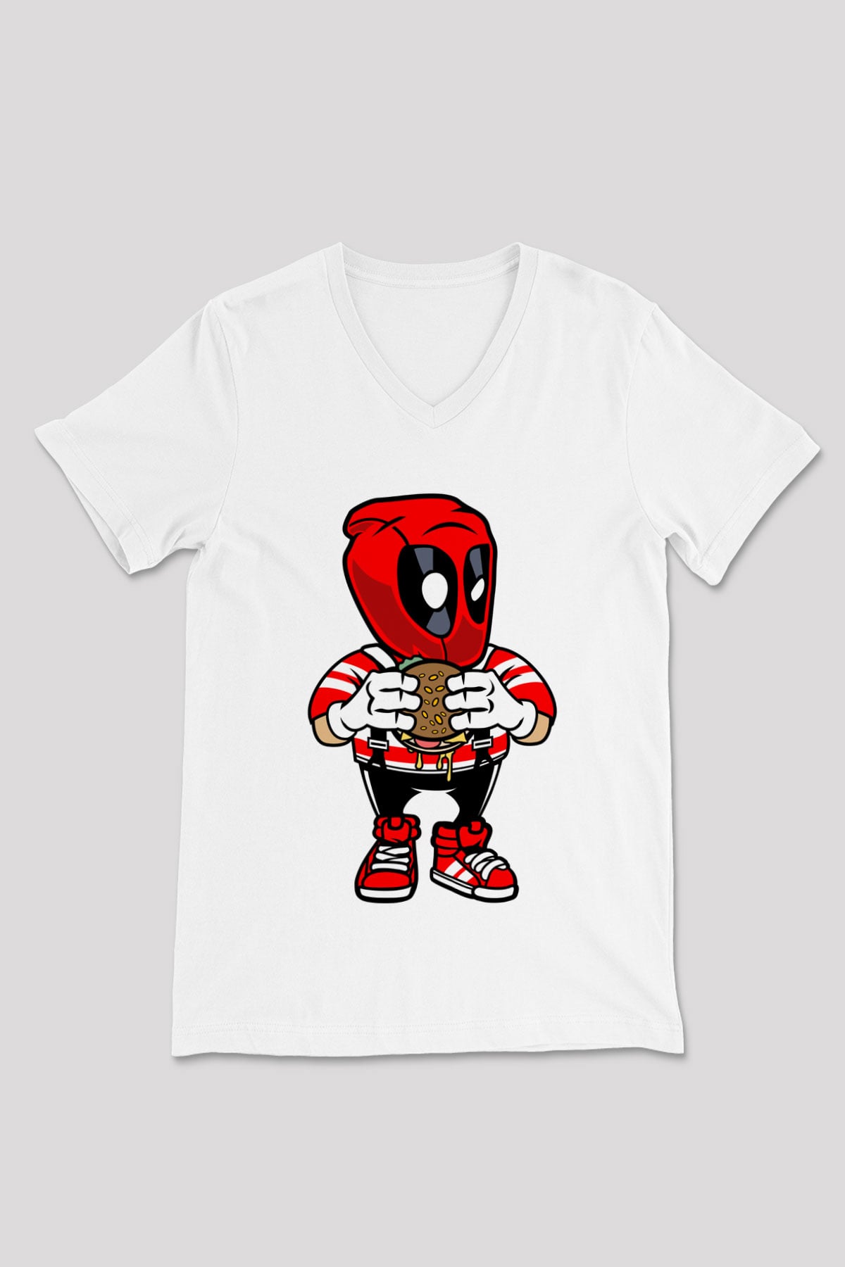 Deadpool Eat Burger Baskılı Unisex Beyaz V Yaka Tişört