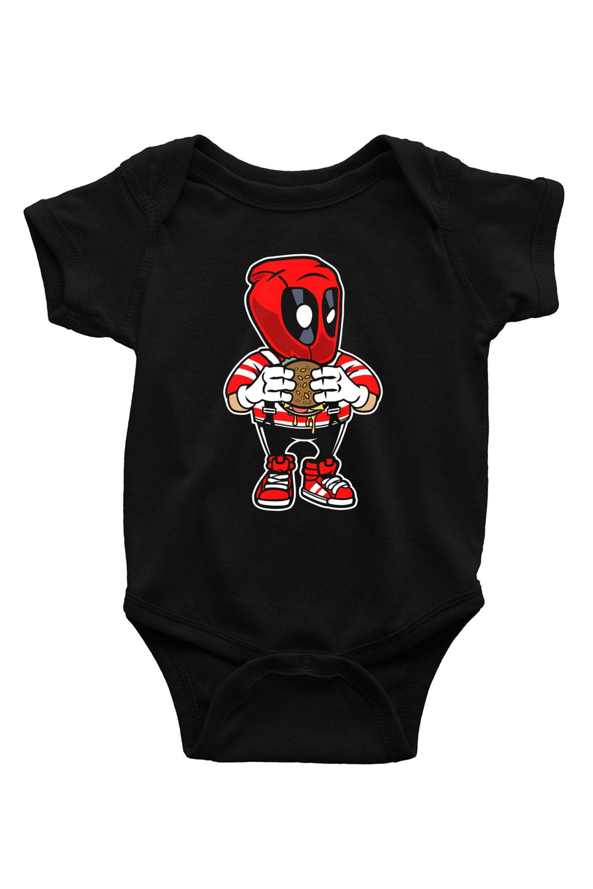 Deadpool Eat Burger Baskılı Unisex Siyah Bebek Body - Zıbın