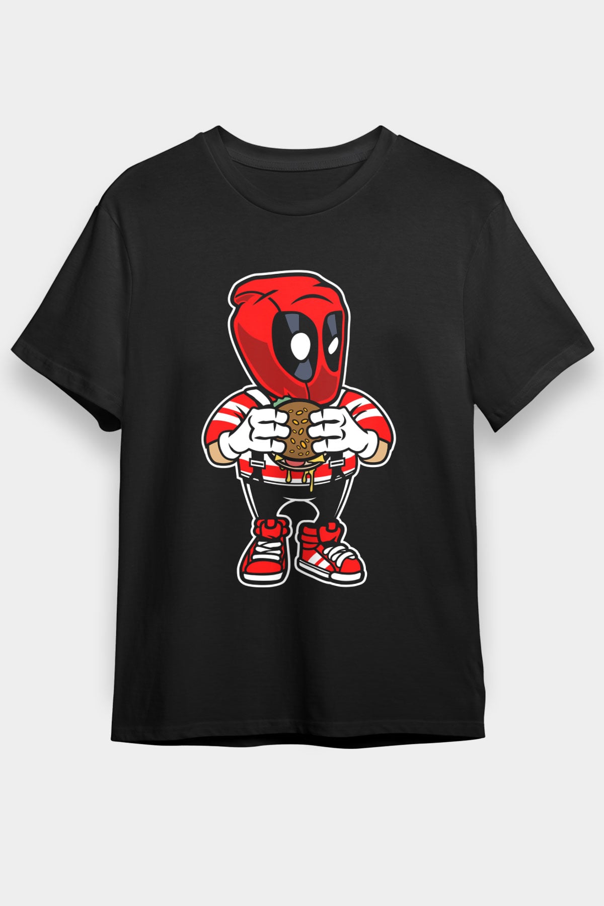 Deadpool Eat Burger Baskılı Unisex Siyah Tişört