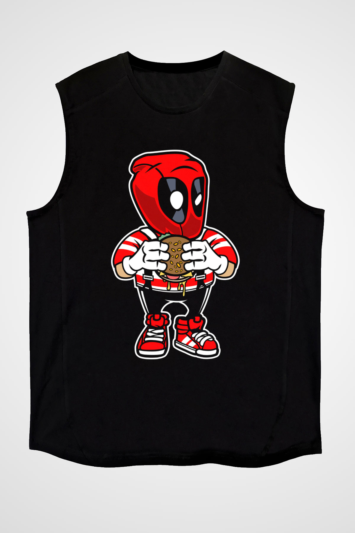 Deadpool Eat Burger Baskılı Unisex Siyah Kolsuz Tişört