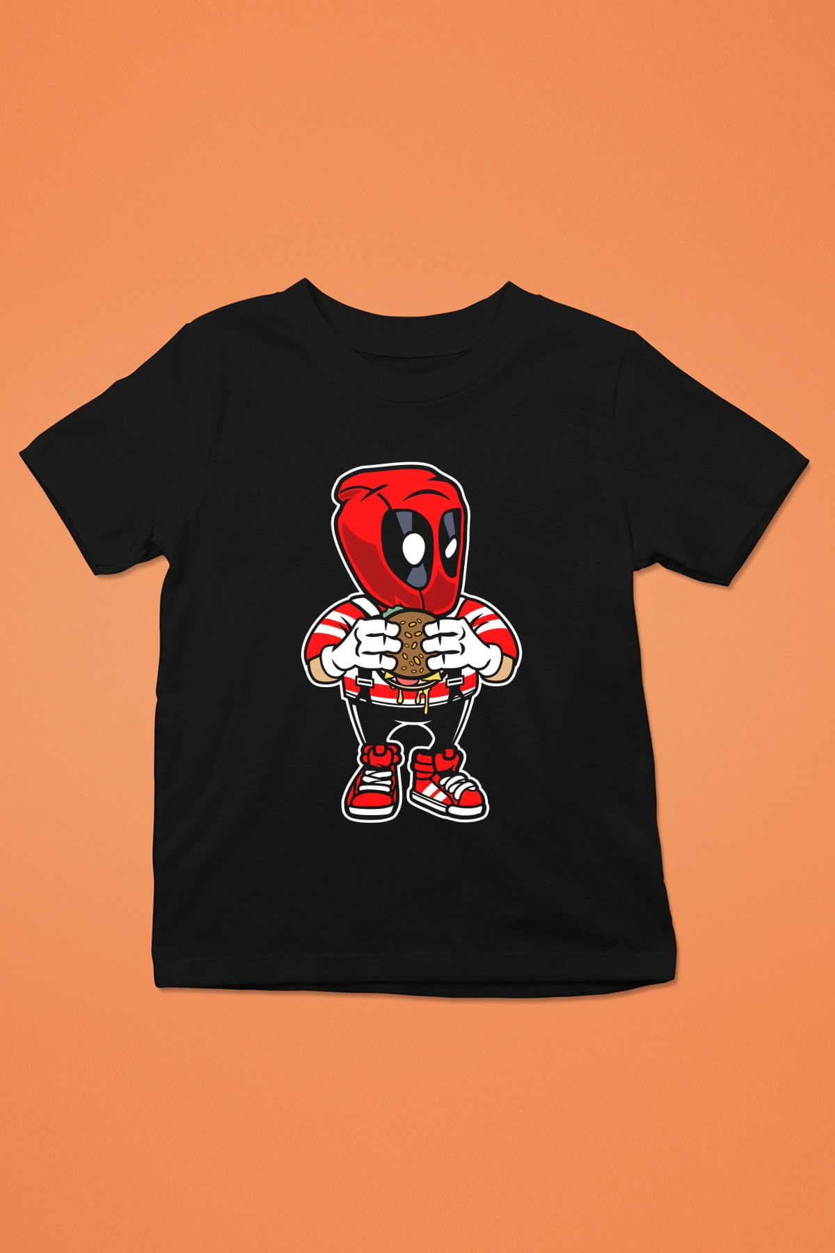 Deadpool Eat Burger Baskılı Unisex Siyah Çocuk Tişört